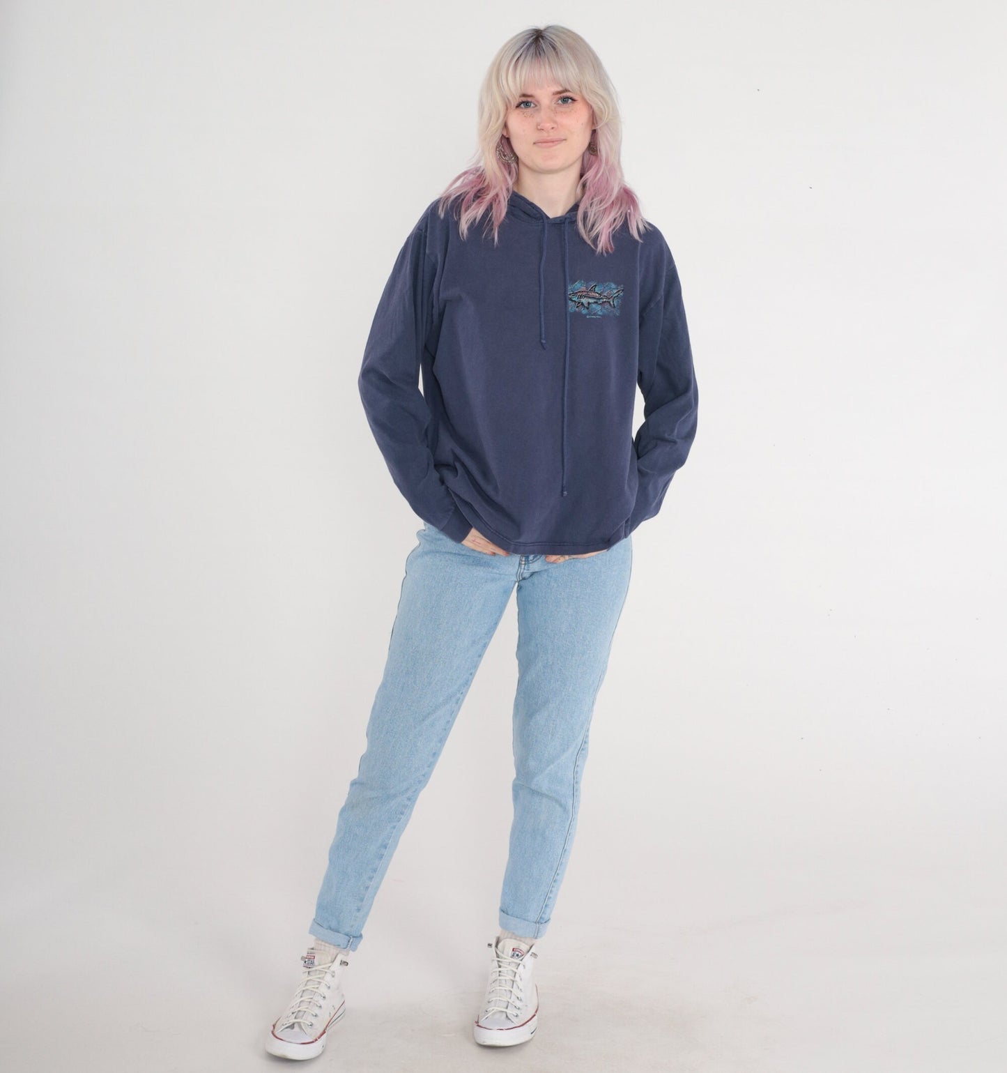 90s Crazy Shirts Laguna Beach Shark Hooded T-Shirt Navy Medium