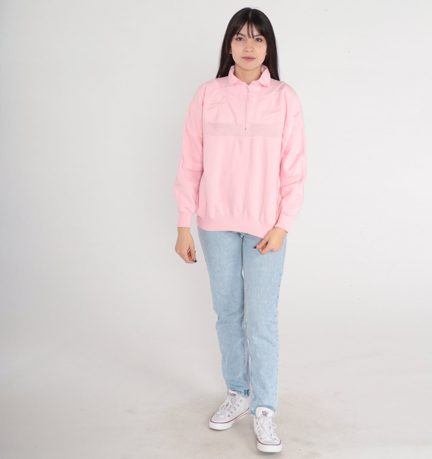 80s Baby Pink Quarter Zip Sweatshirt Striped Collar Pullover Small