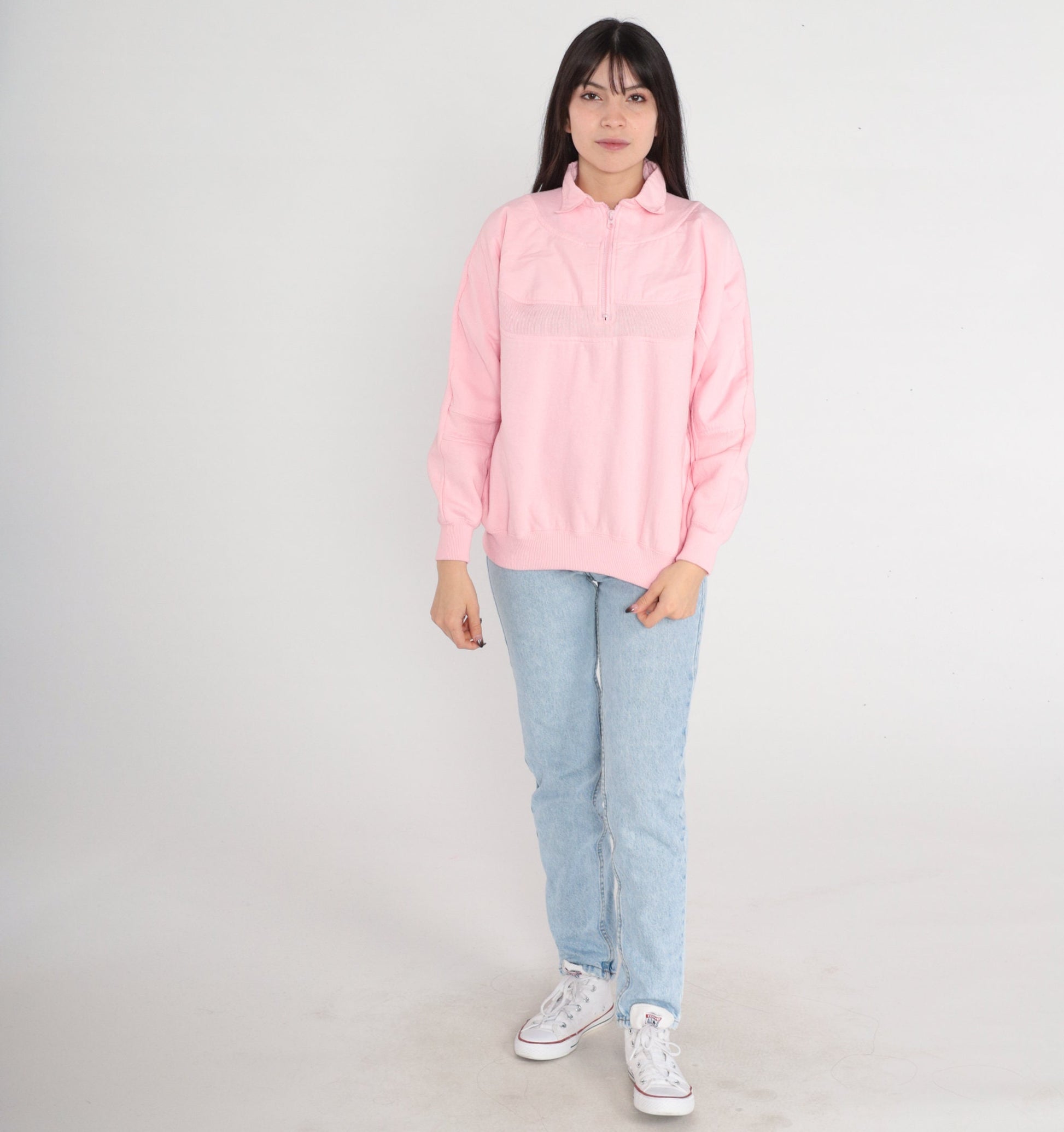 80s Baby Pink Quarter Zip Sweatshirt Striped Collar Pullover Small