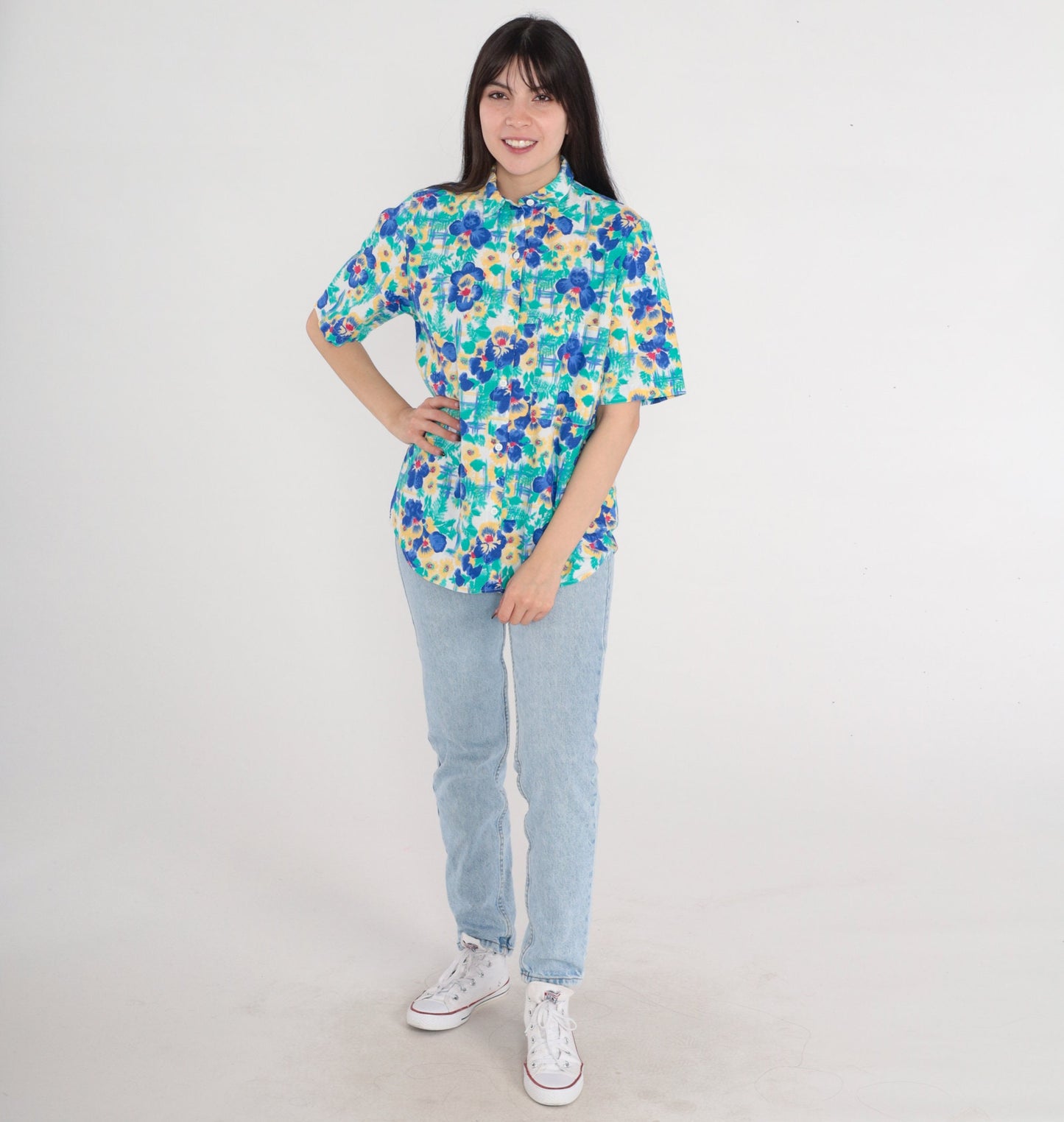 90s Cherokee Floral Button-Up Blouse Short Sleeve Cotton Green Blue Yellow Red Small S