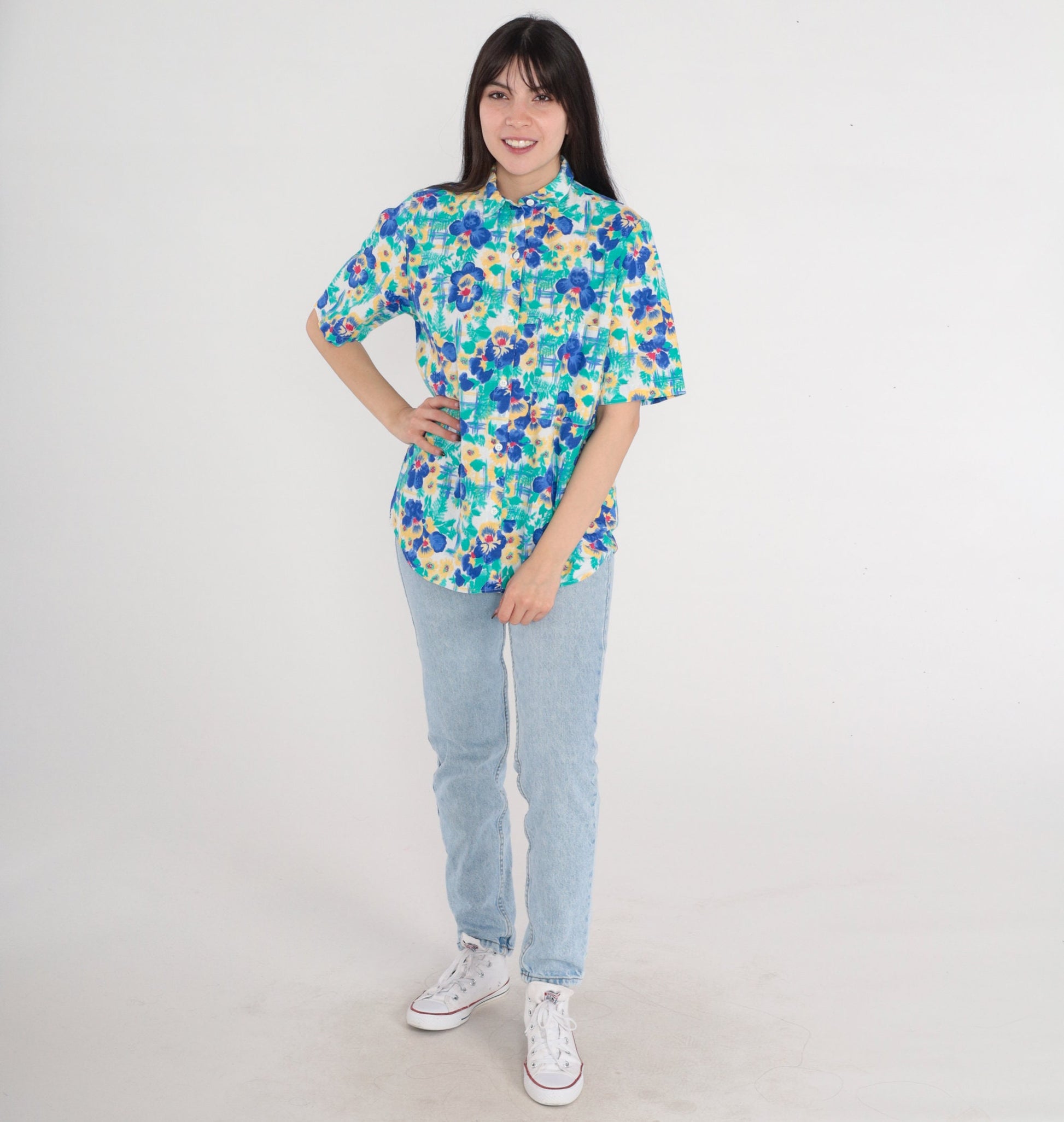 90s Cherokee Floral Button-Up Blouse Short Sleeve Cotton Green Blue Yellow Red Small S
