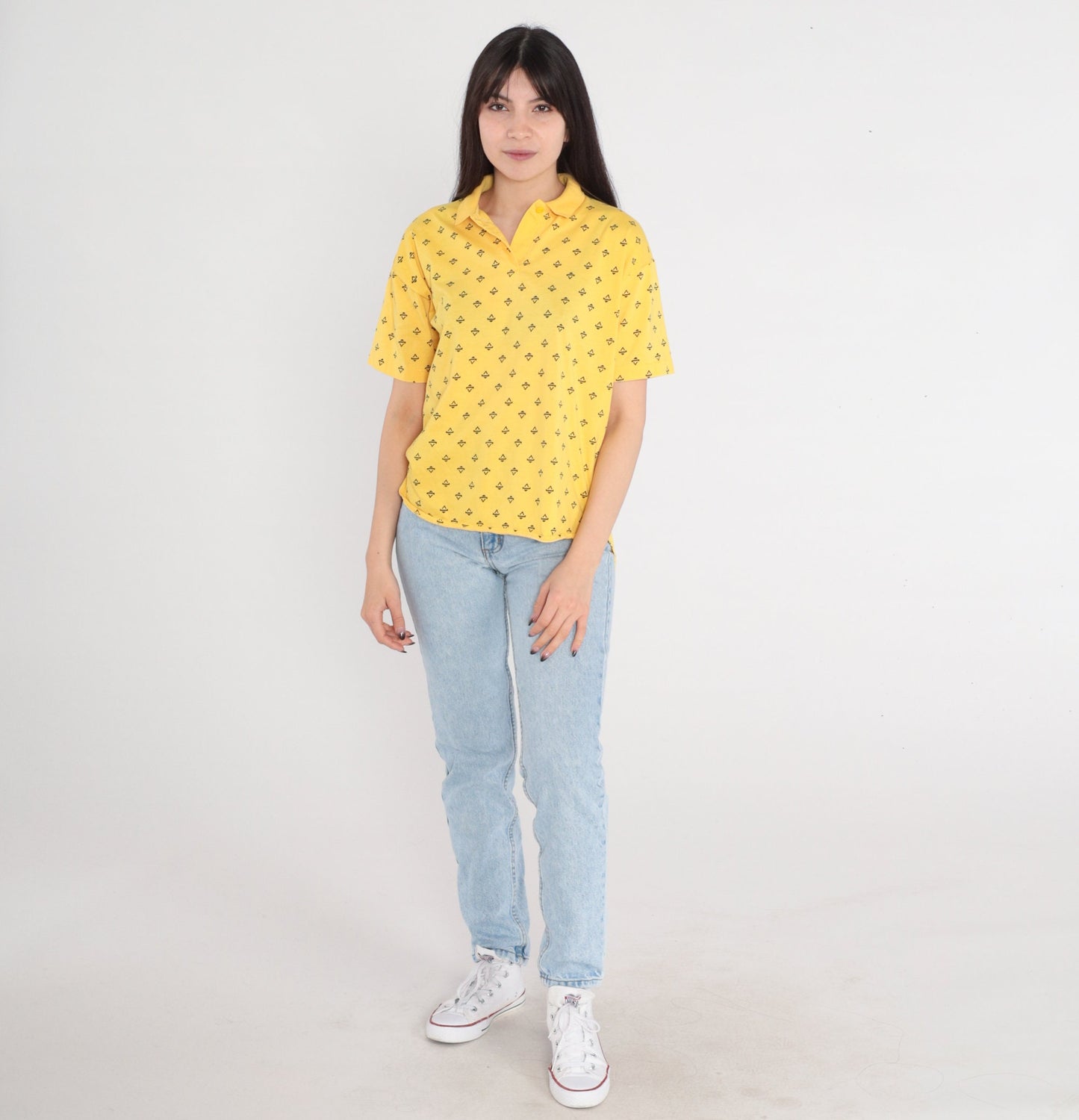 80s Yellow Polo Shirt Triangle Print Half Button Collared Top Medium