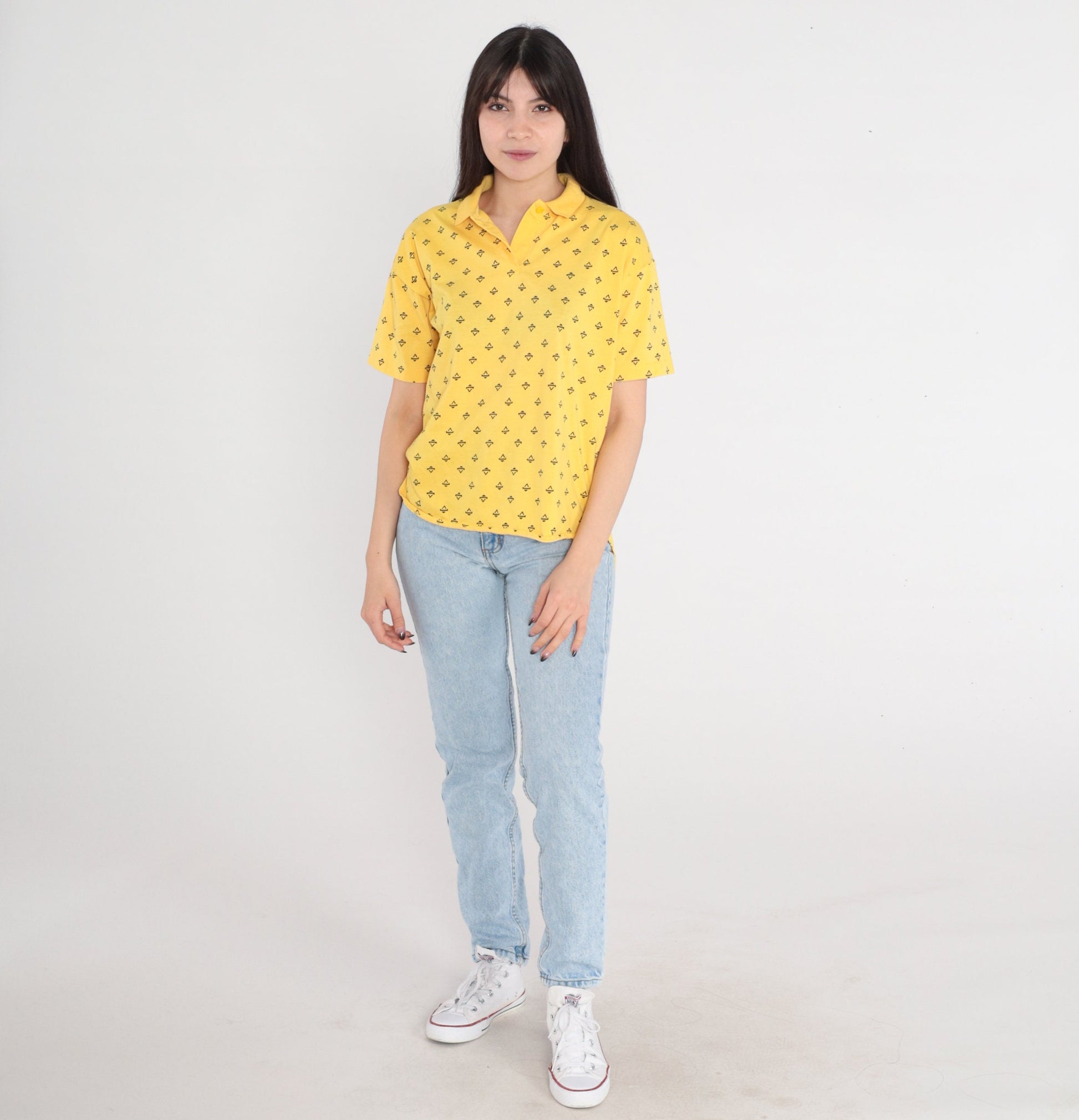 80s Yellow Polo Shirt Triangle Print Half Button Collared Top Medium