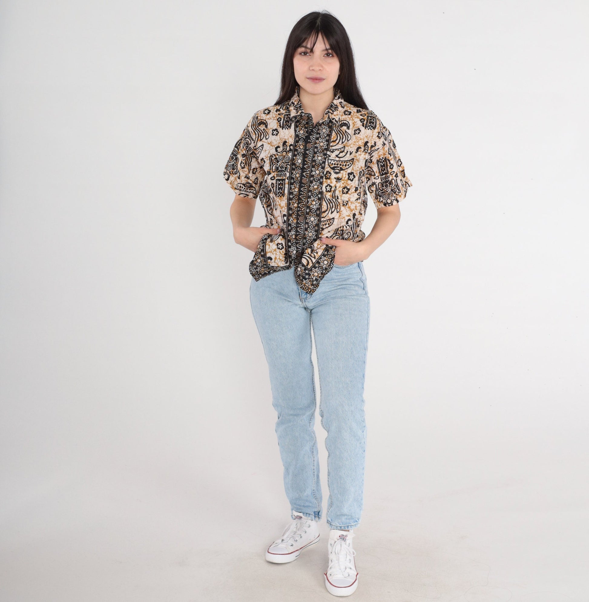 Y2K Indonesian Batik Button Up Blouse Celestial Print Cotton Short Sleeve Medium M