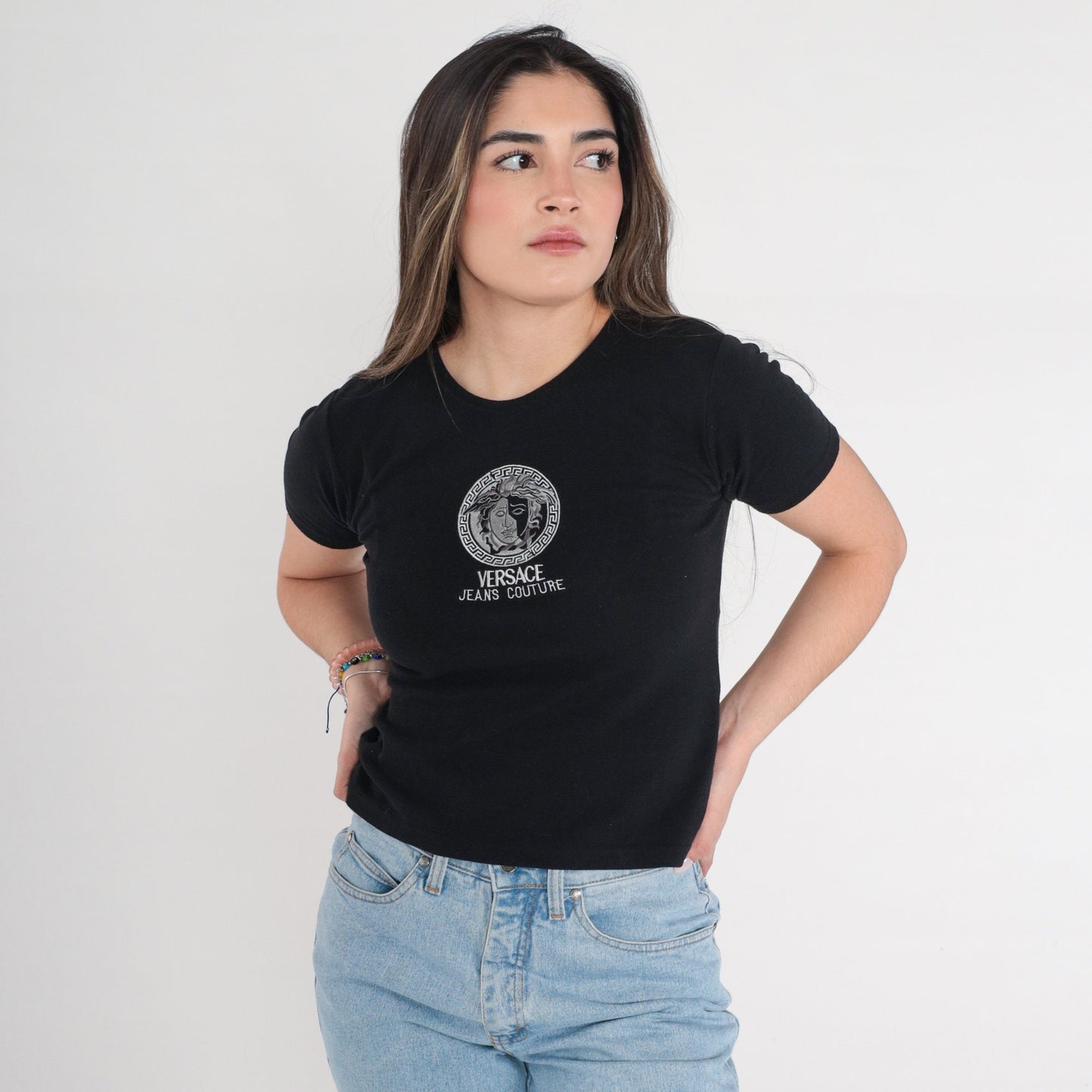 90s Versace Jeans Couture Embroidered Logo T-Shirt Black Extra Small XS