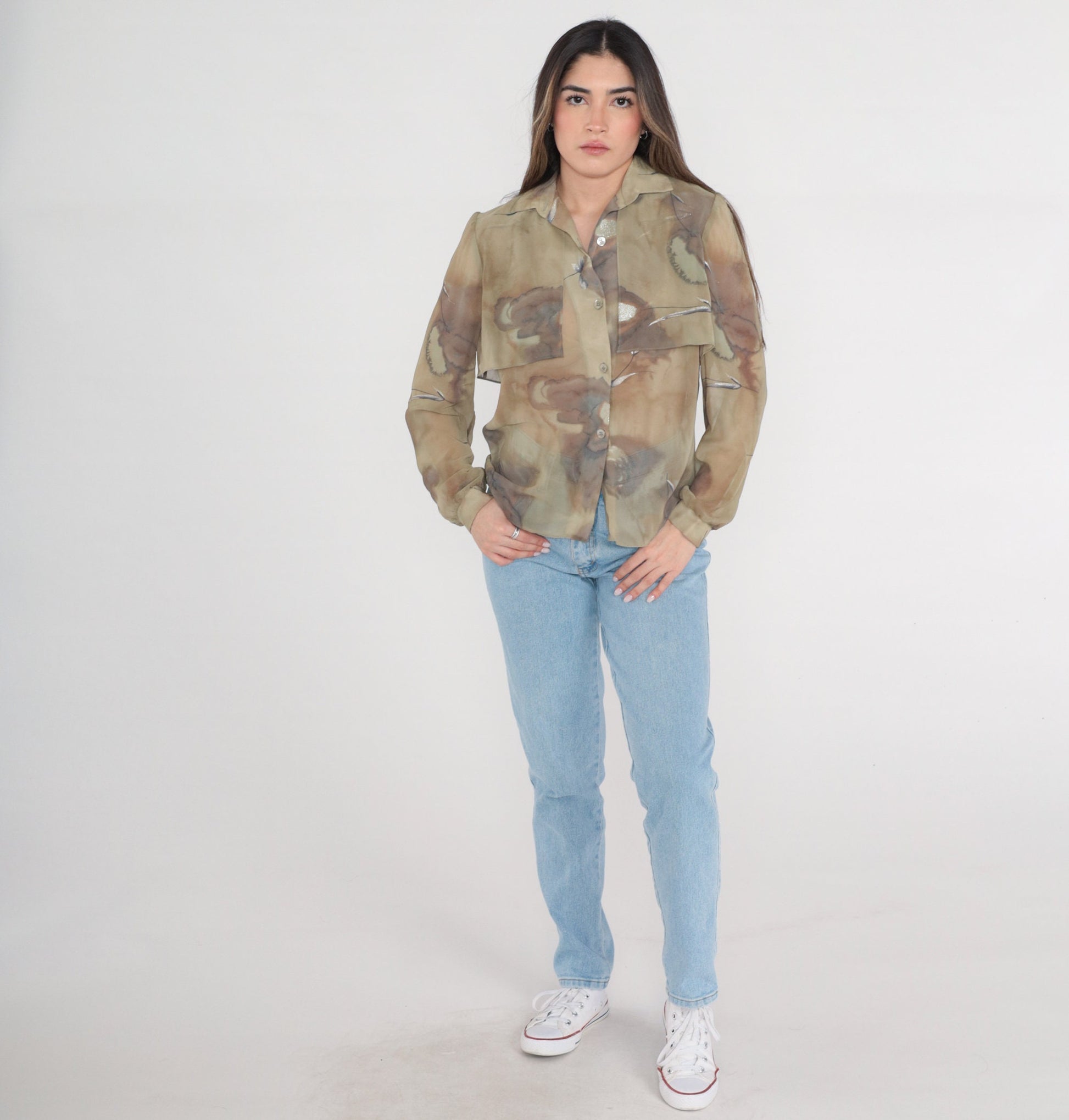 90s Olive Green Abstract Watercolor Glitter Button-Up Blouse Long Sleeve Medium