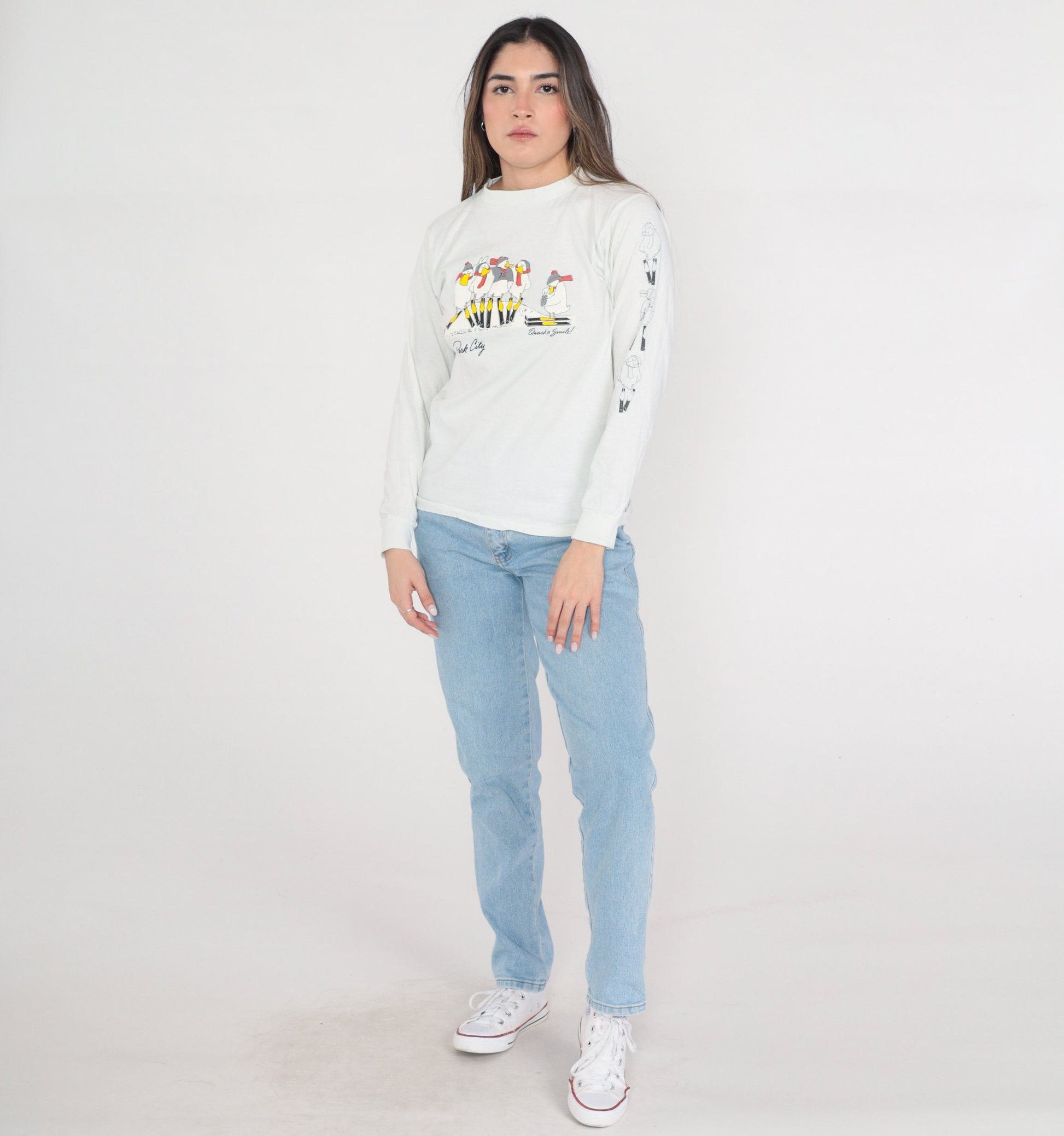 80s Park City Utah Ski Duck Graphic T-Shirt Long Sleeve Grey Medium