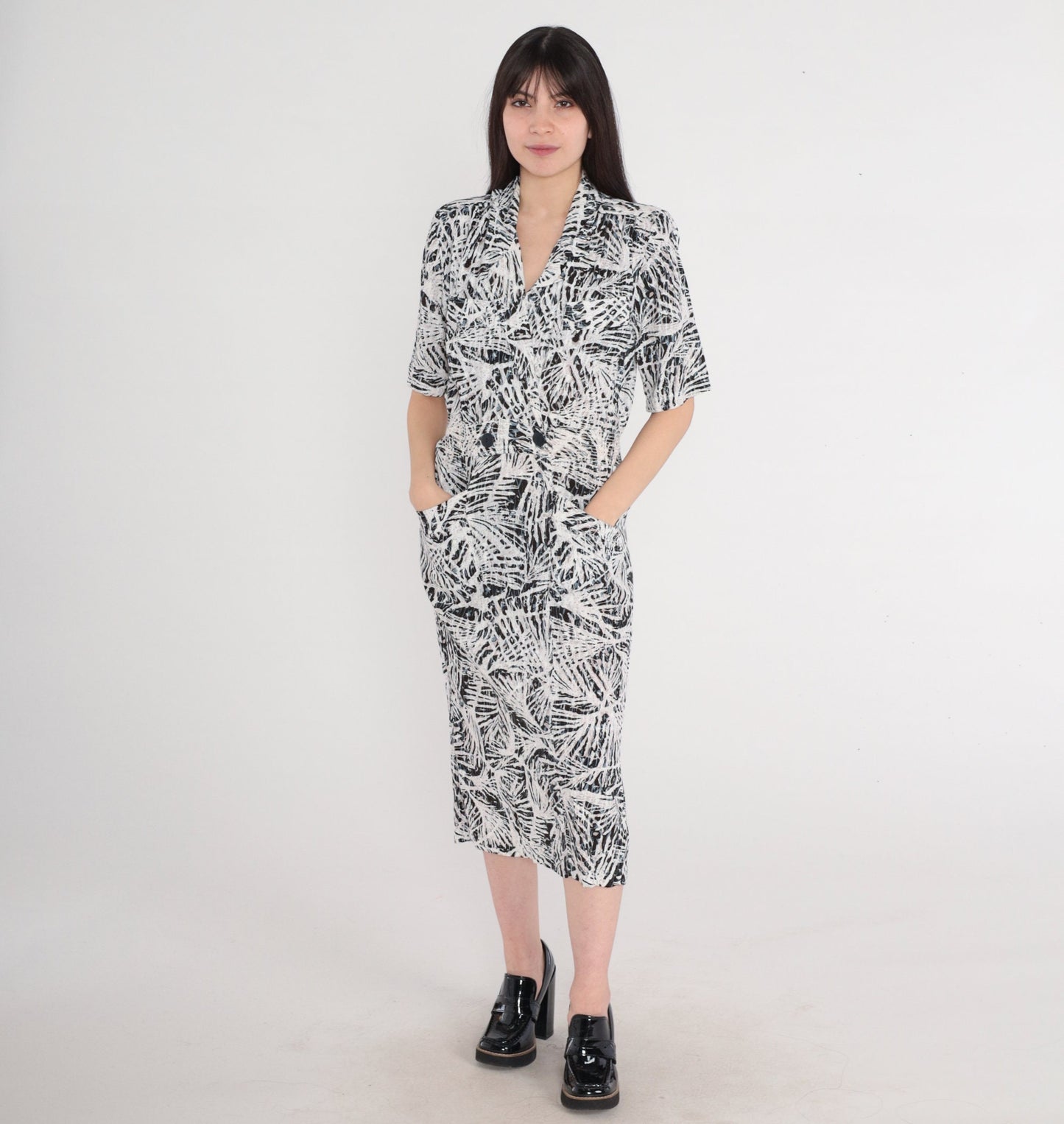 90s Abstract Print Midi Wrap Dress Collared V-Neck Pockets Small