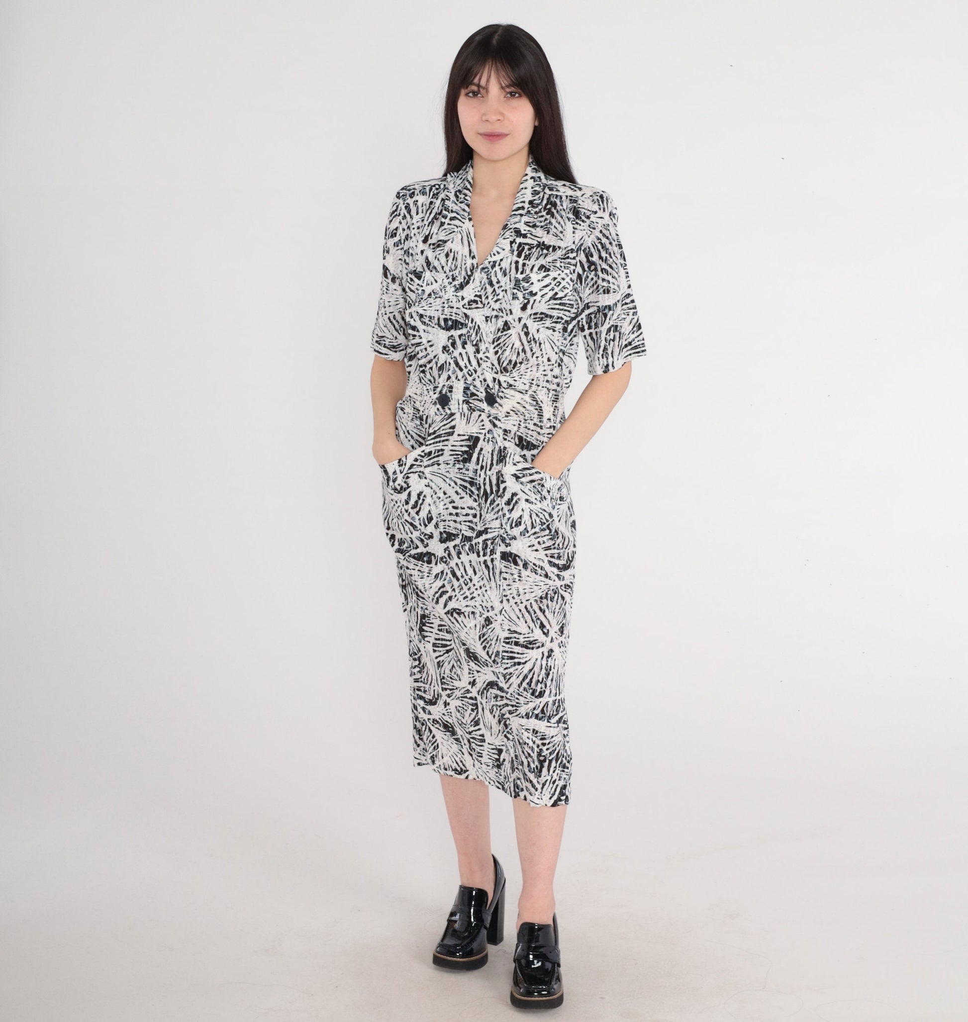 90s Abstract Print Midi Wrap Dress Collared V-Neck Pockets Small