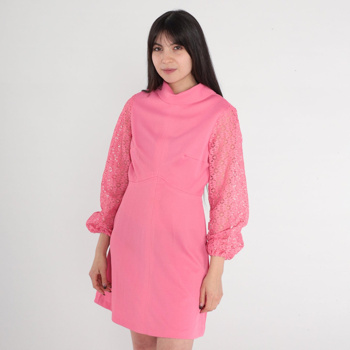 70s Pink Mini Dress Empire Waist Sheer Lace Sleeves Mock Neck Small