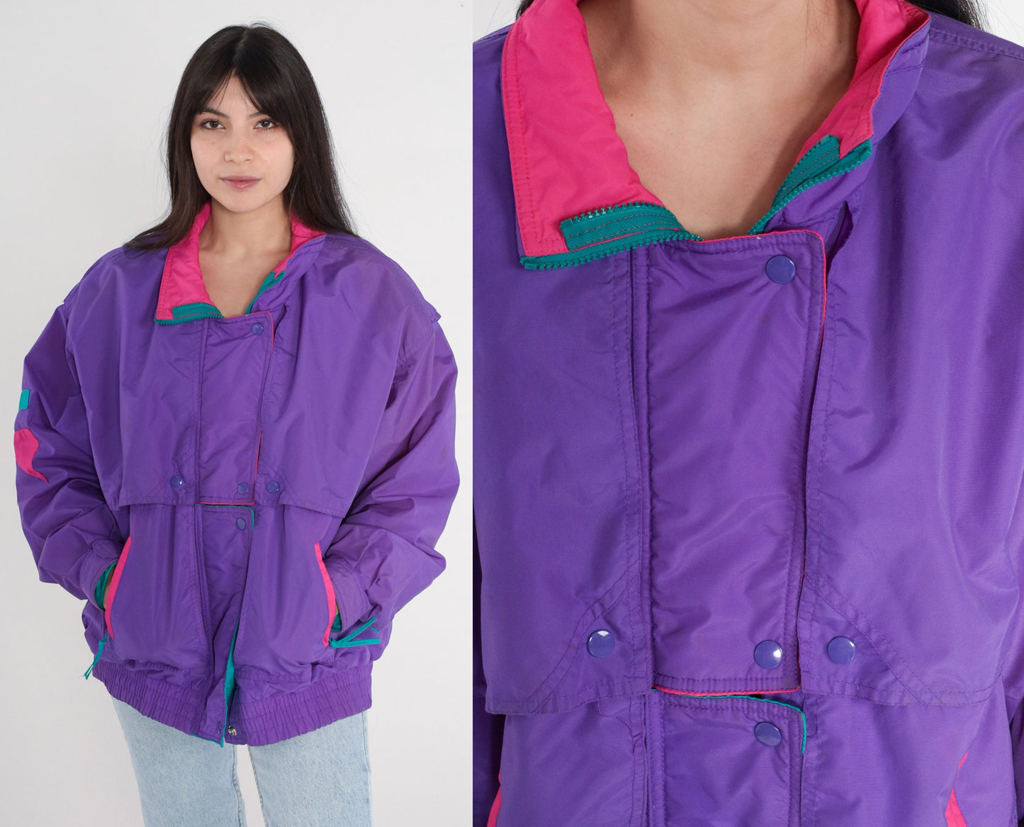 90s Cabin Creek Purple Puffer Ski Jacket Nylon Pink Green Trim Large L
