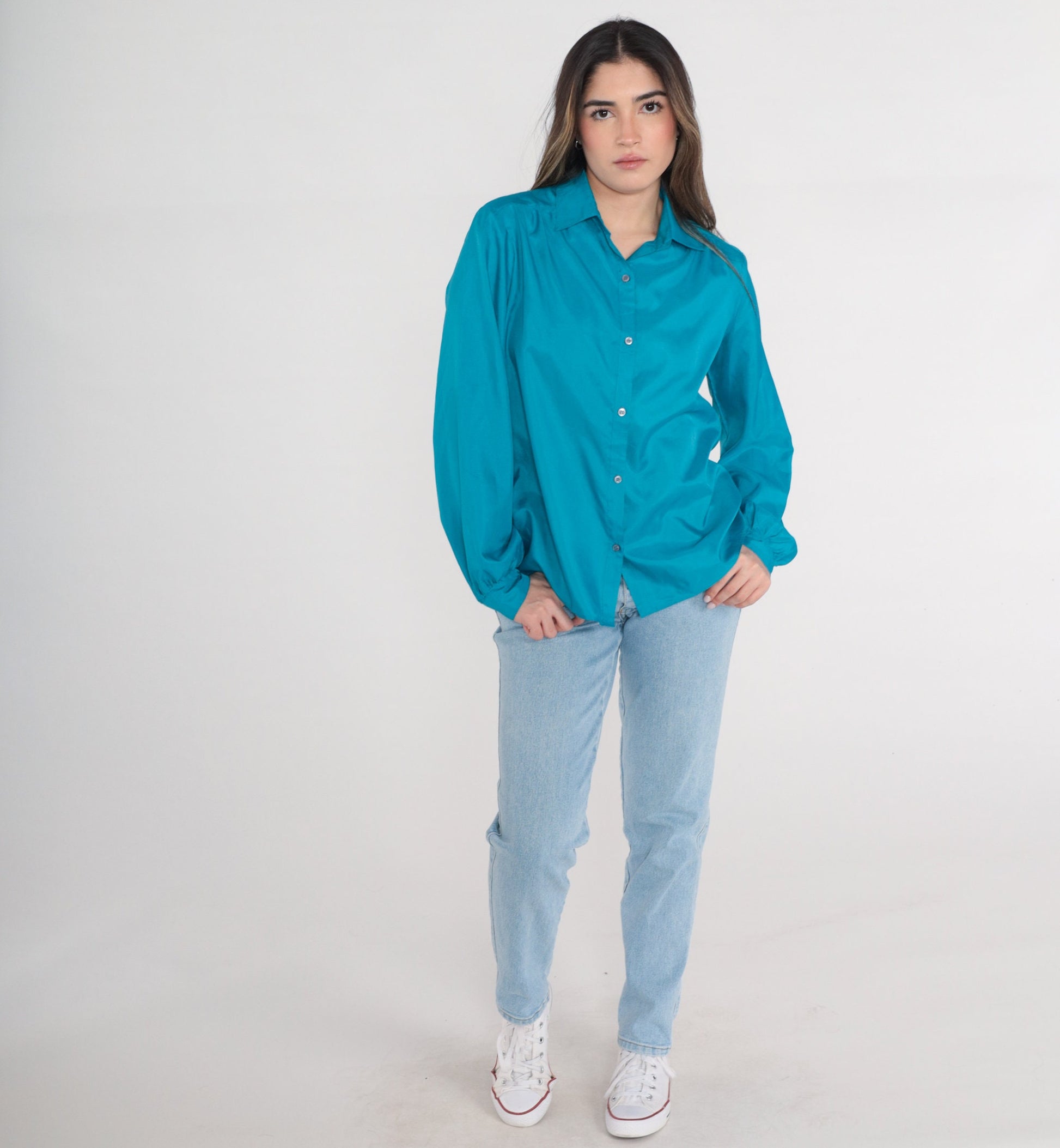 80s Lady Manhattan Blue Button-Up Blouse Shoulder Pleats Collared Long Sleeve Large