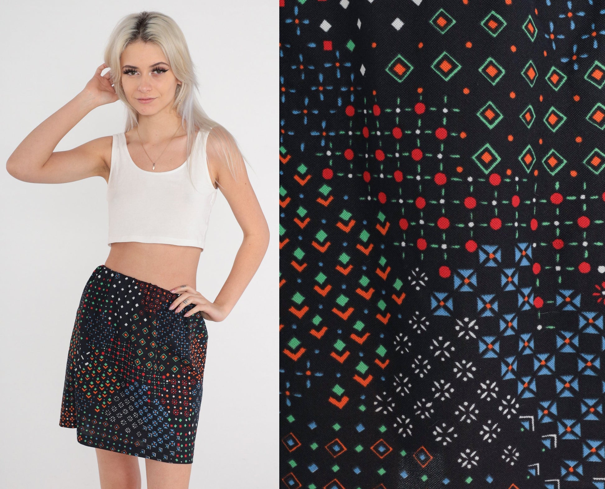 70s Black Geometric Mini Skirt High Waisted Multicolor Print Extra Small
