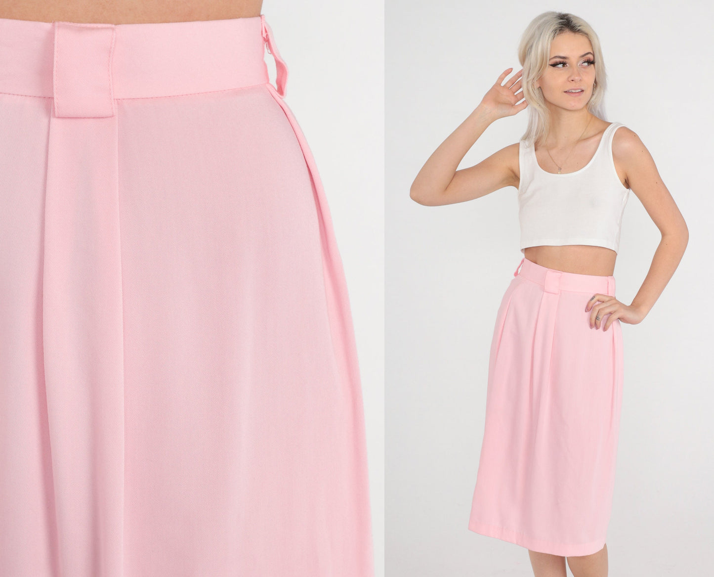 80s Baby Pink Midi Skirt High Waist Straight Cut Extra Small