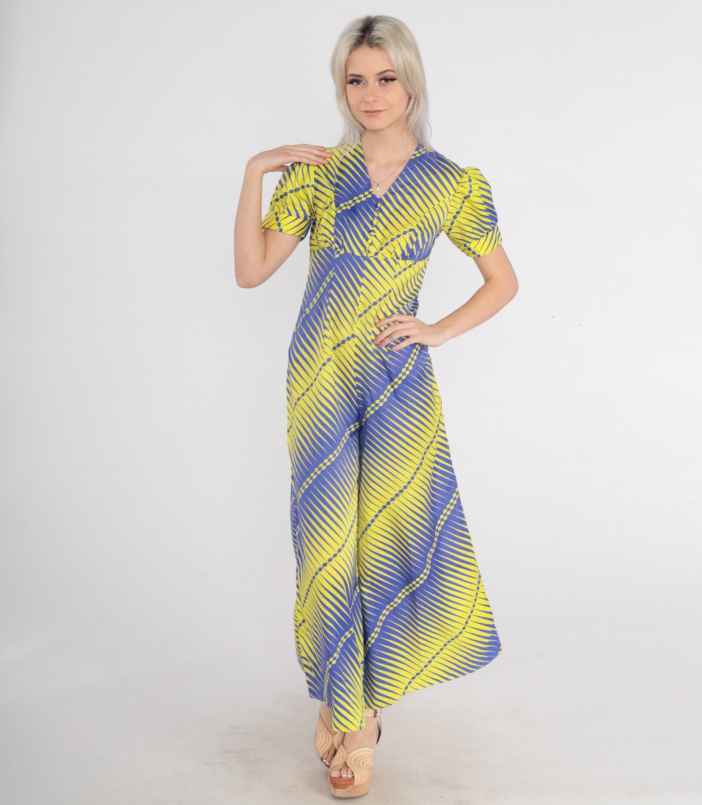 70s Jumpsuit Purple Yellow Striped Psychedelic Empire Waist Wide Leg Puff Sleeve XS
