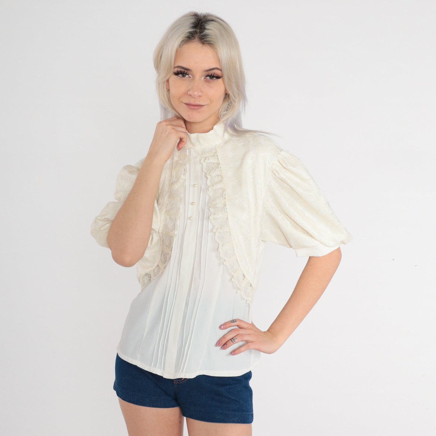70s White Lace Blouse Puff Sleeve High Neck Pearl Button Shirt Small