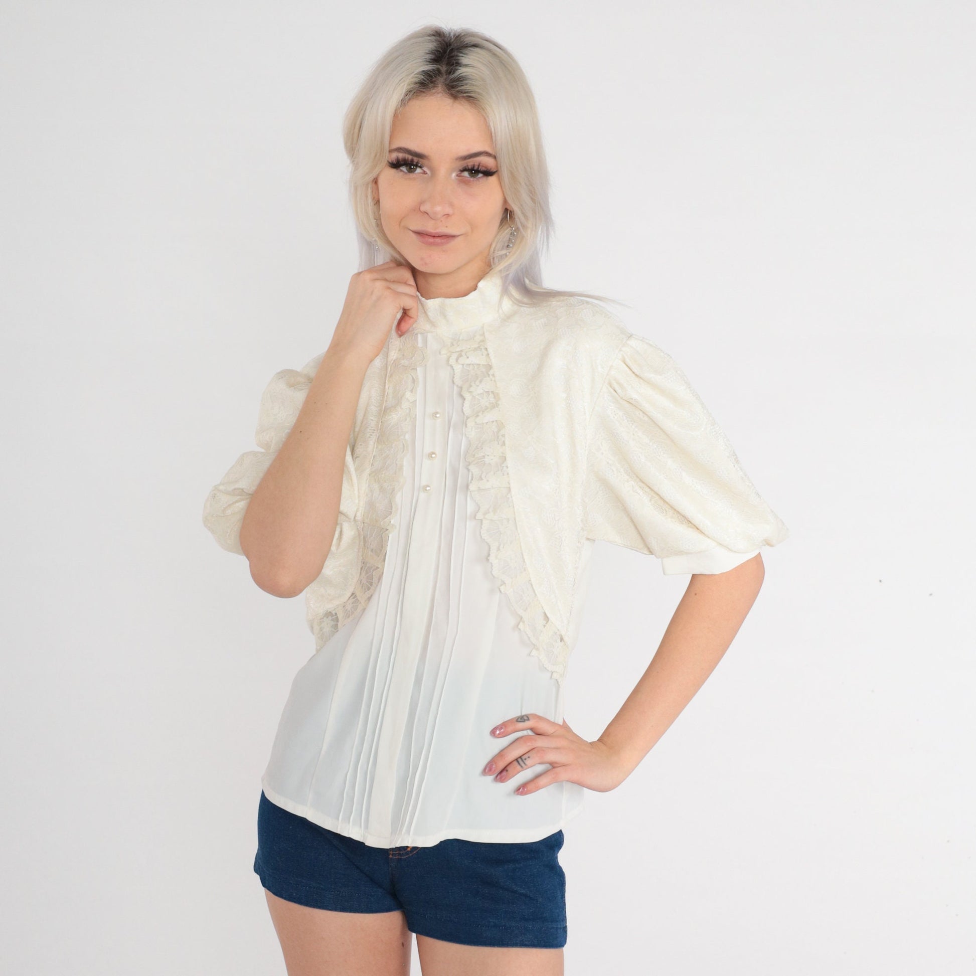 70s White Lace Blouse Puff Sleeve High Neck Pearl Button Shirt Small