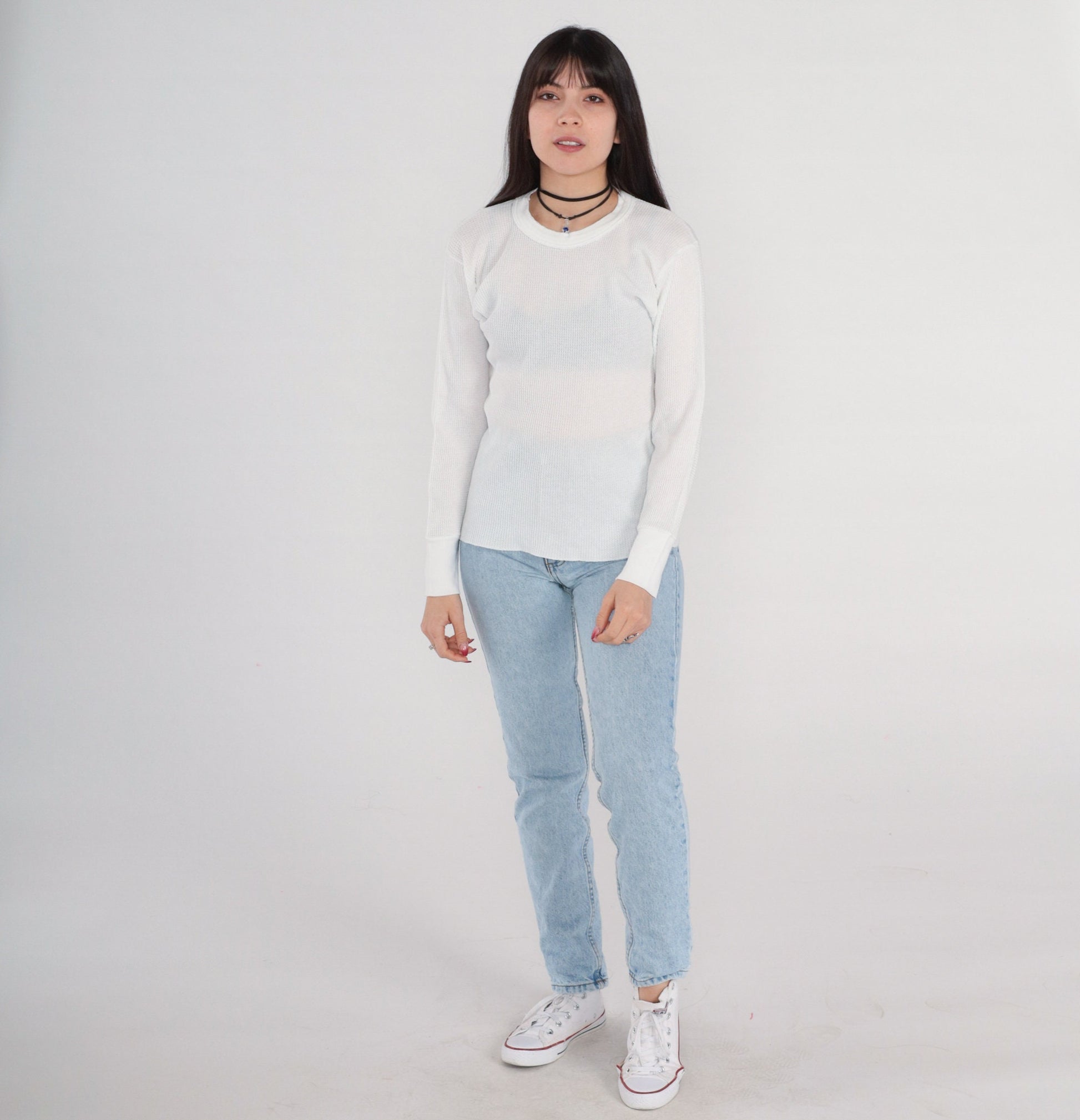 90s Hanes Thermal Shirt White Waffle Knit Long Sleeve Medium