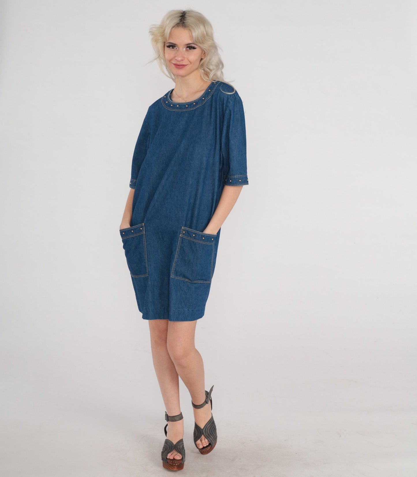 90s Blue Denim Mini Dress Gold Studs Short Sleeve Shift Medium M
