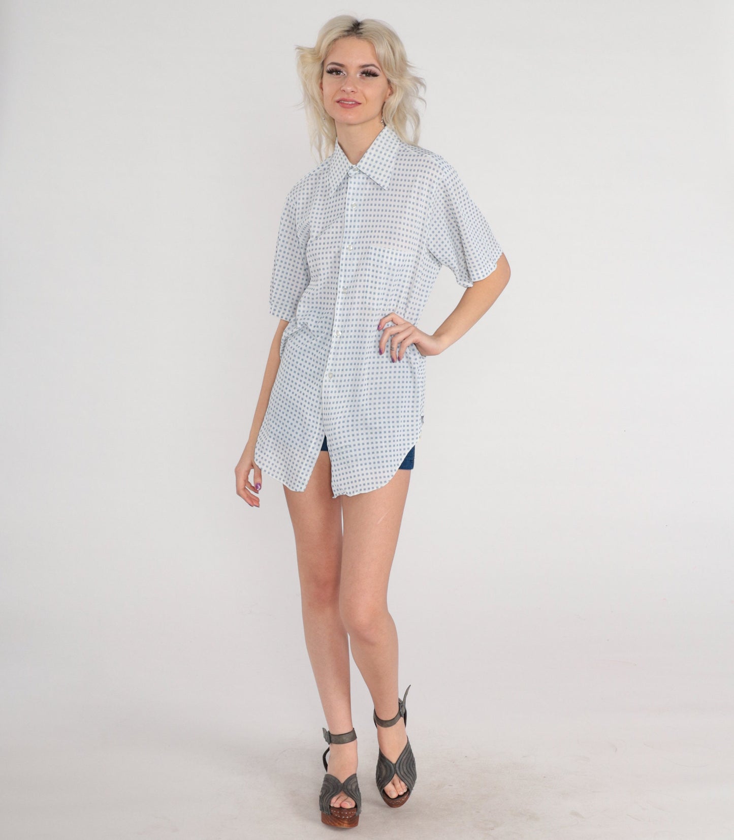 70s Arrow Button-Up Shirt White Blue Square Print Short Sleeve Pointed Collar Large