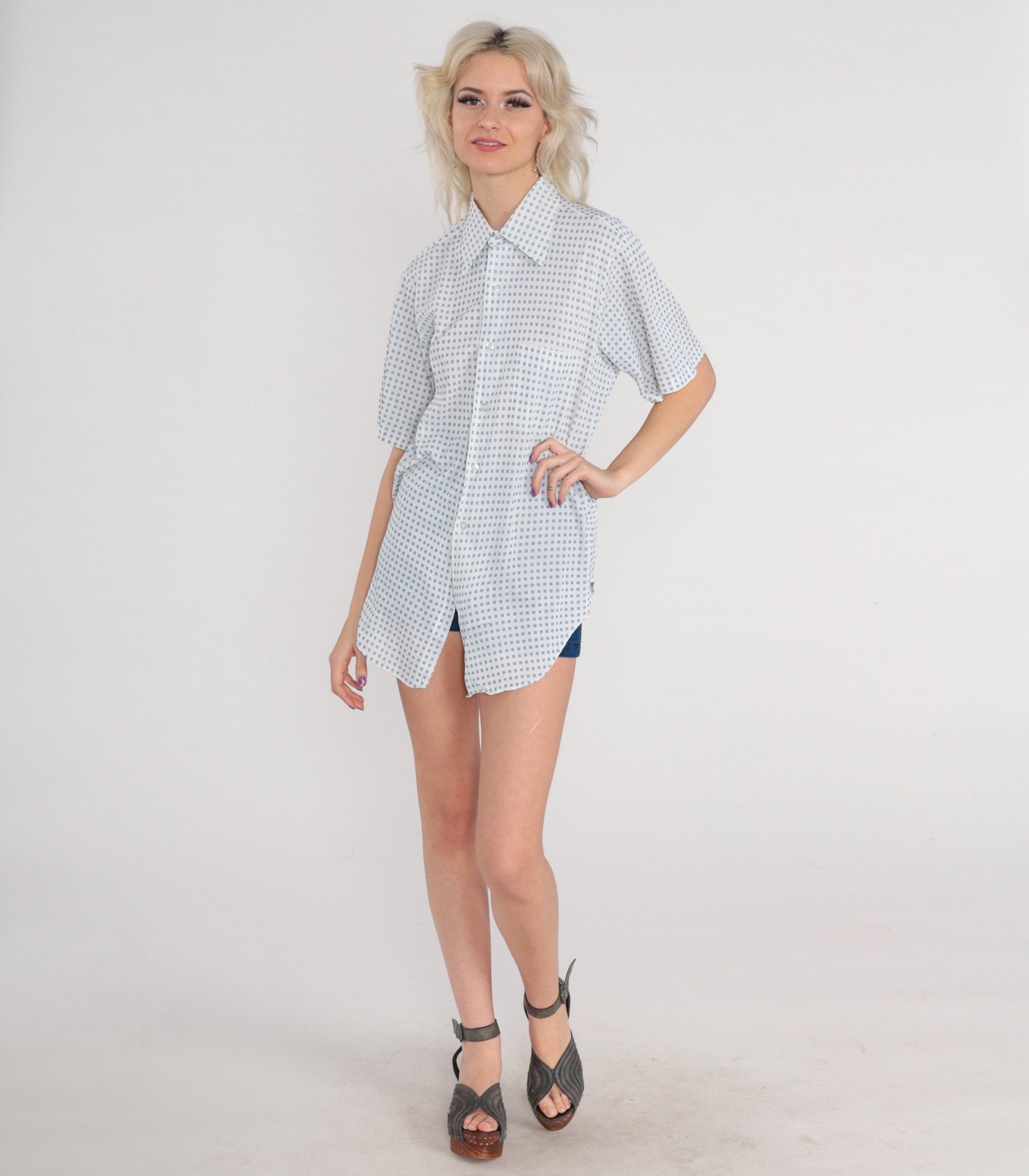 70s Arrow Button-Up Shirt White Blue Square Print Short Sleeve Pointed Collar Large