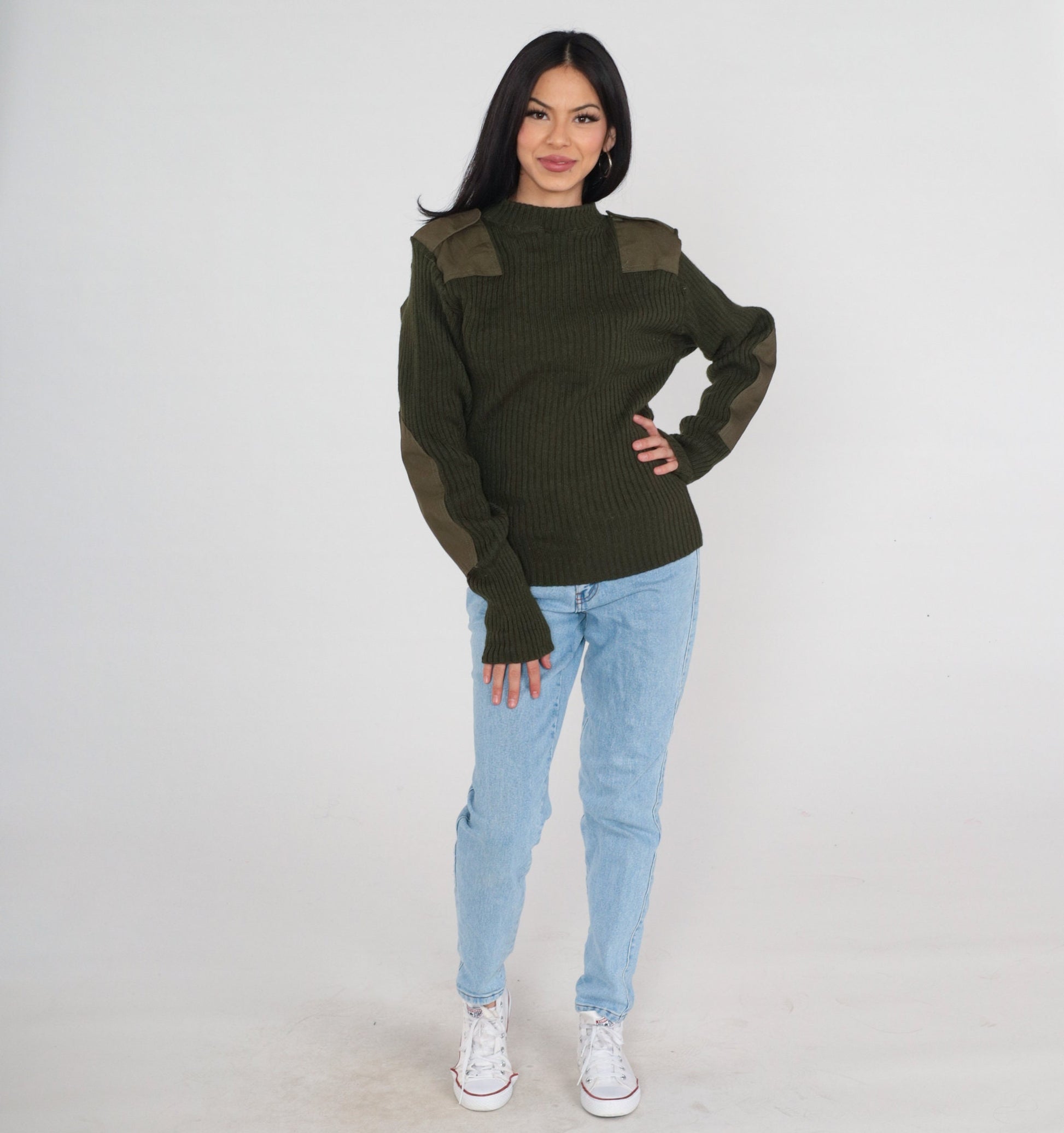 Wool Army Sweater Military Pullover Olive Drab Elbow Patch Small