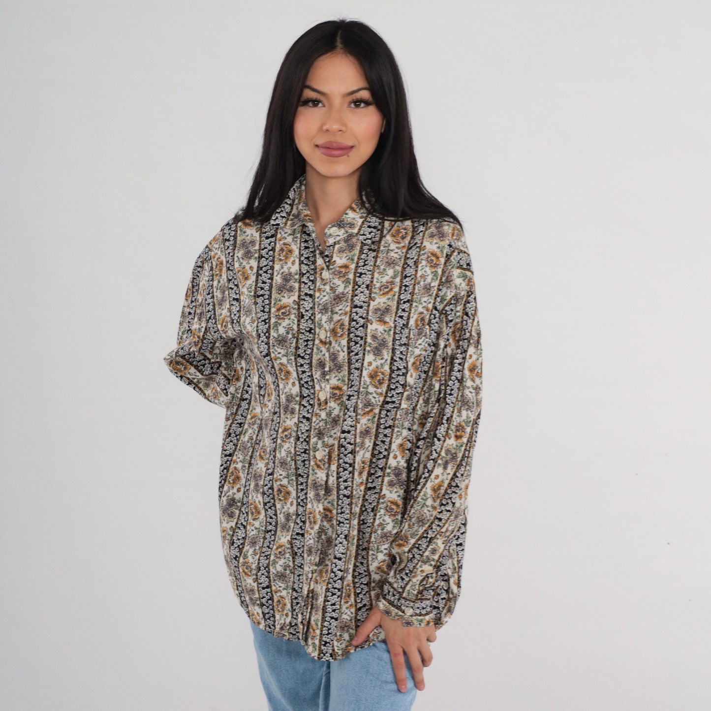 90s Krazy Kat Floral Button-Up Blouse Long Sleeve Collared Shirt Large L