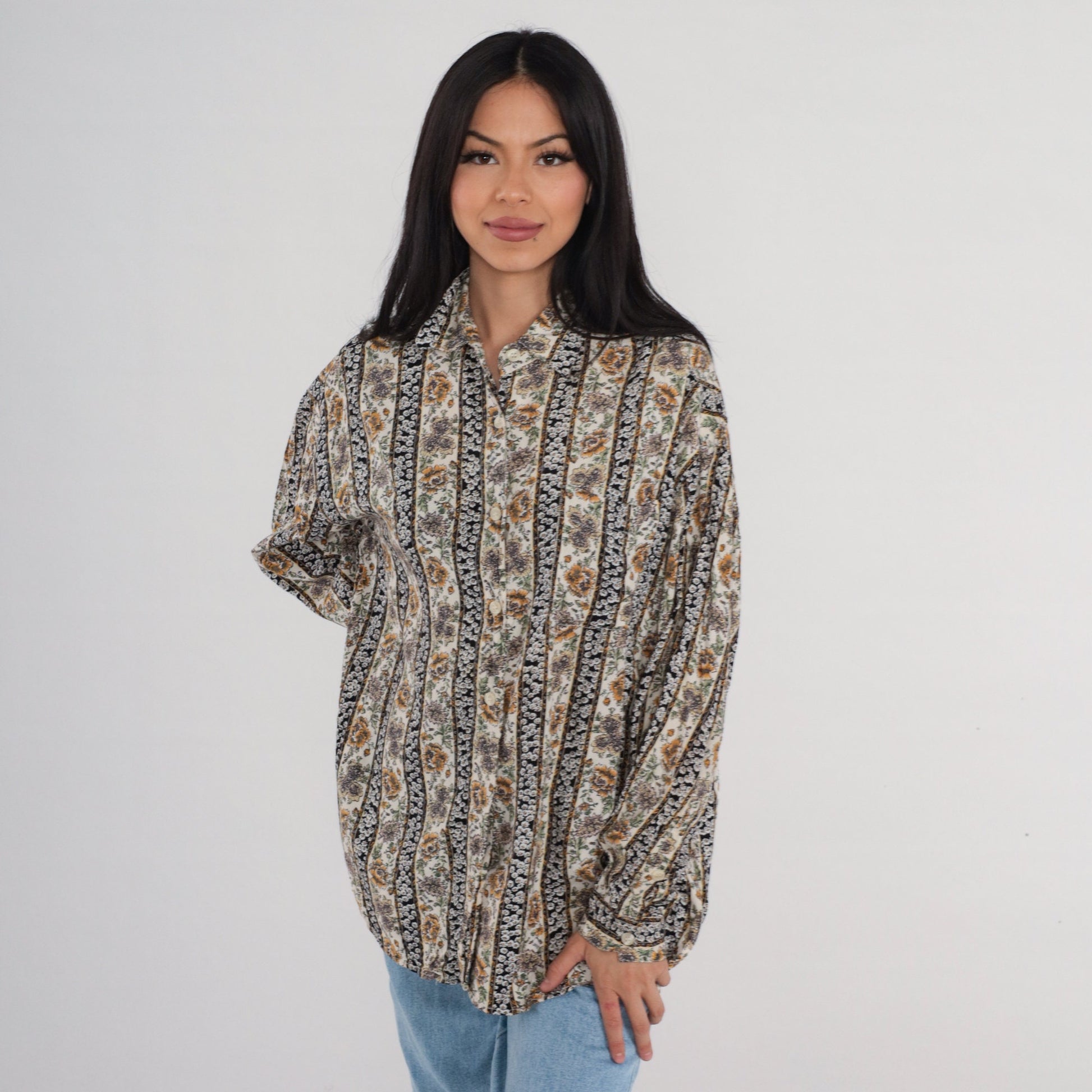 90s Krazy Kat Floral Button-Up Blouse Long Sleeve Collared Shirt Large L