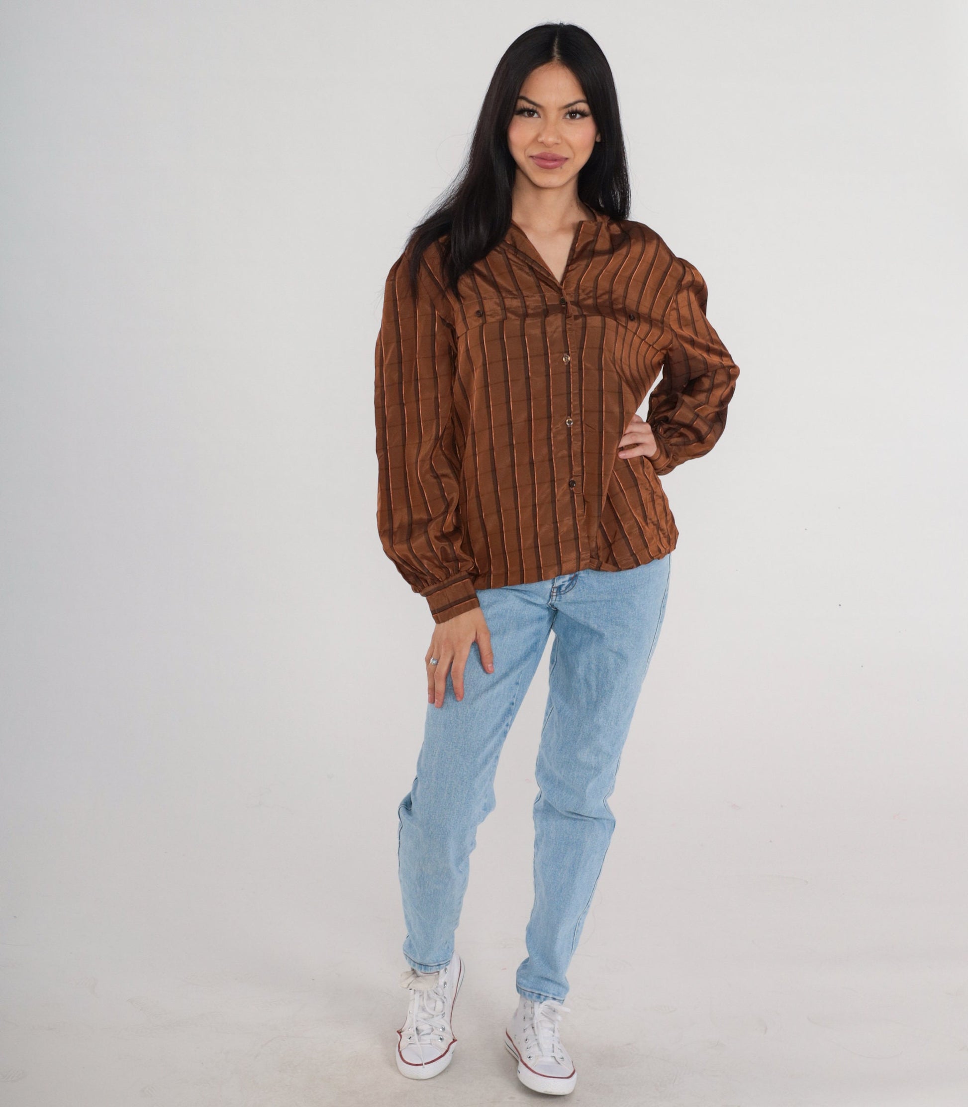 80s Brown Checkered Button-Up Blouse Puff Sleeve Collared Shirt Large L