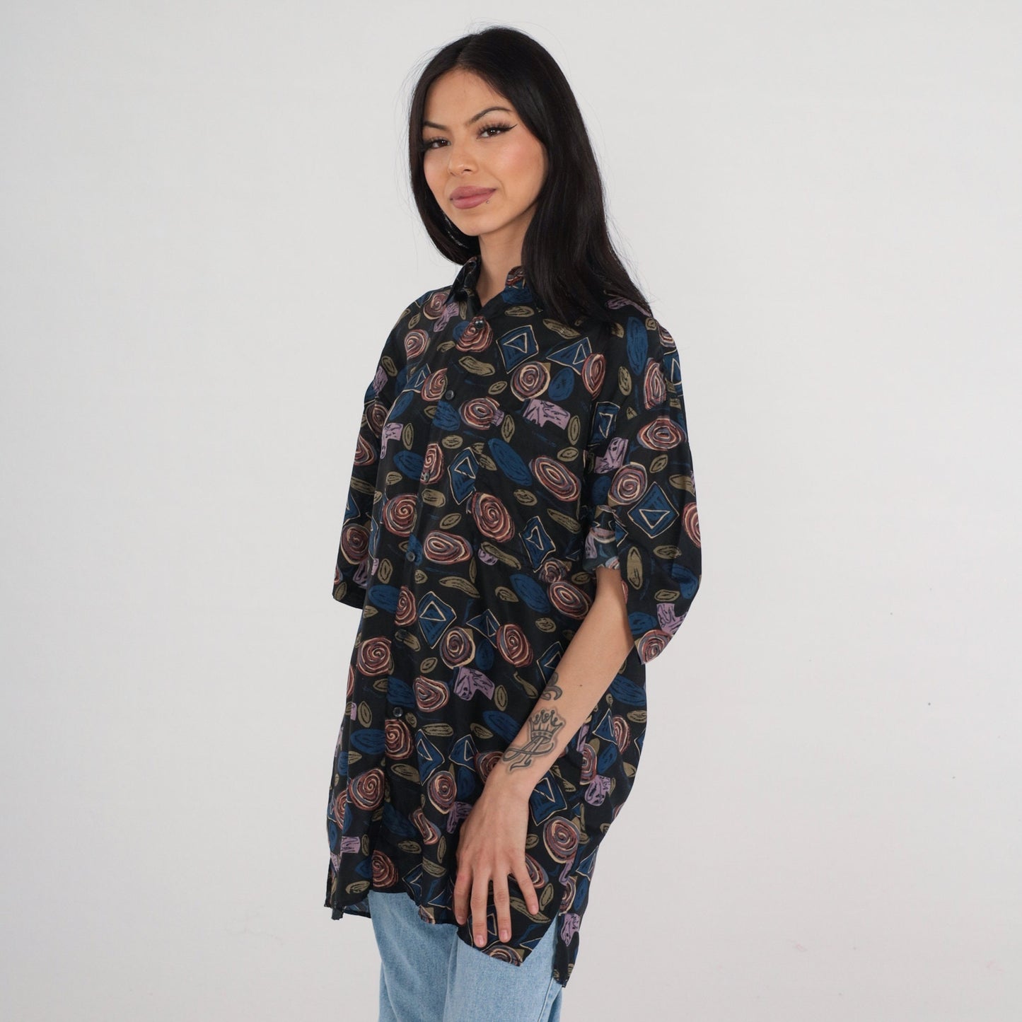 90s Robert Stock Silk Button-Up Shirt Abstract Geometric Print Black Blue Large