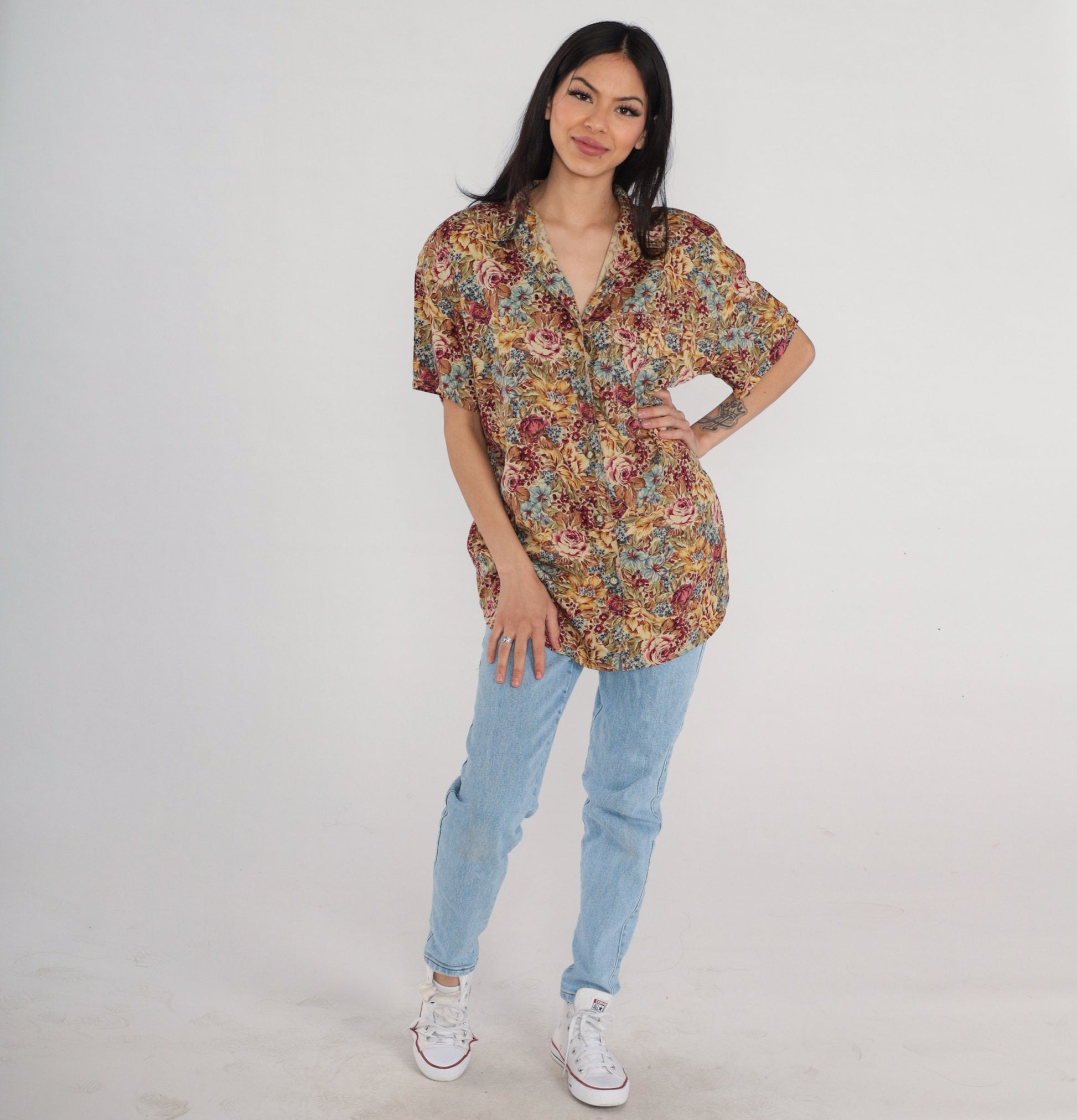 Y2K Liz Claiborne Floral Button-Up Blouse Short Sleeve Rayon Multicolor Large L