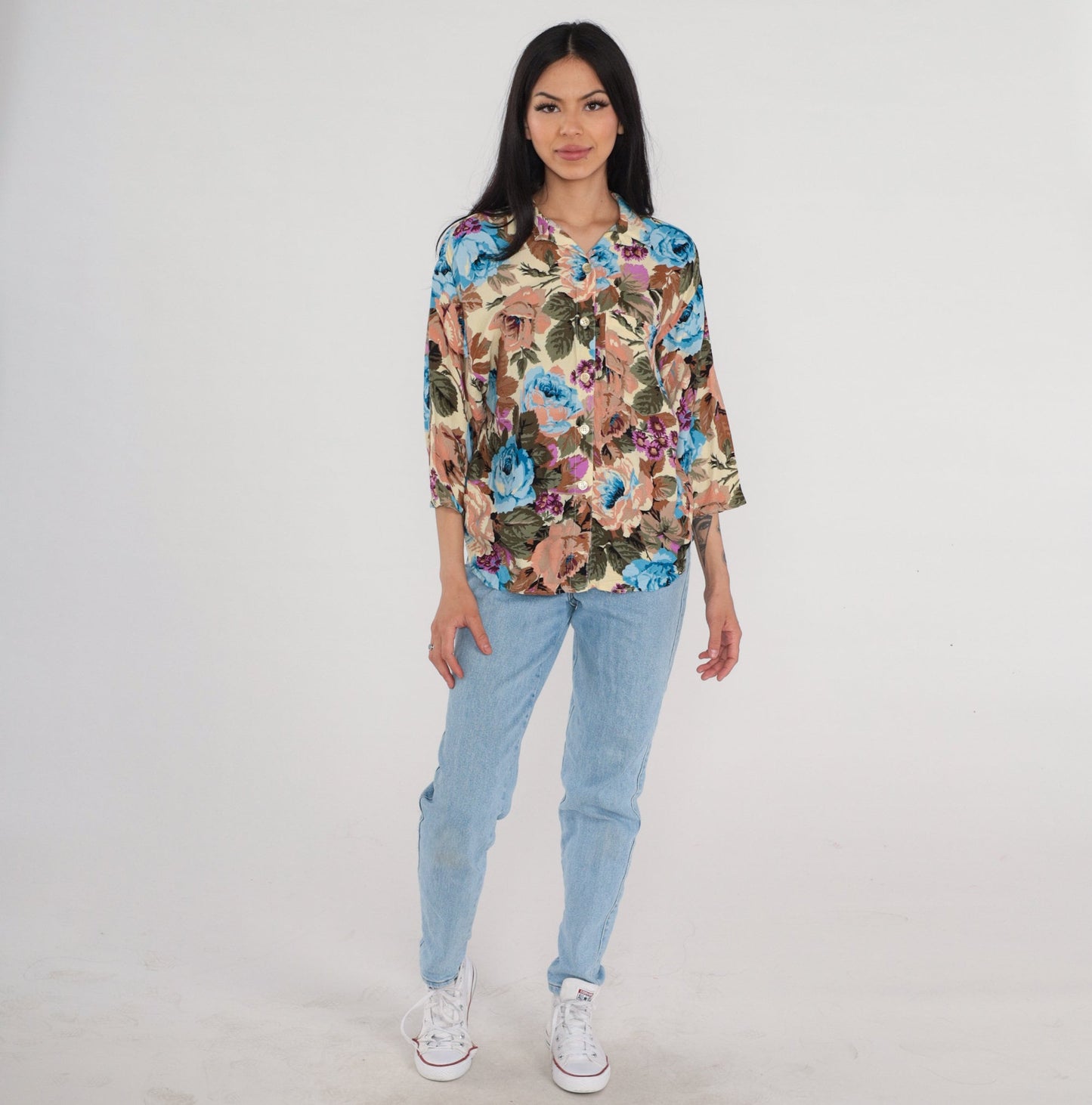 90s Floral Button-Up Blouse Rose Print 3/4 Sleeve Collared Shirt Medium