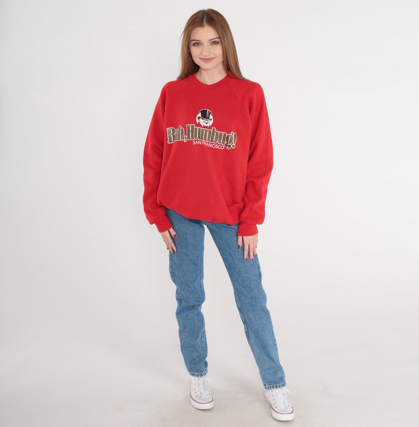 90s San Francisco Bah Humbug Bear Sweatshirt Red Raglan Crewneck Large