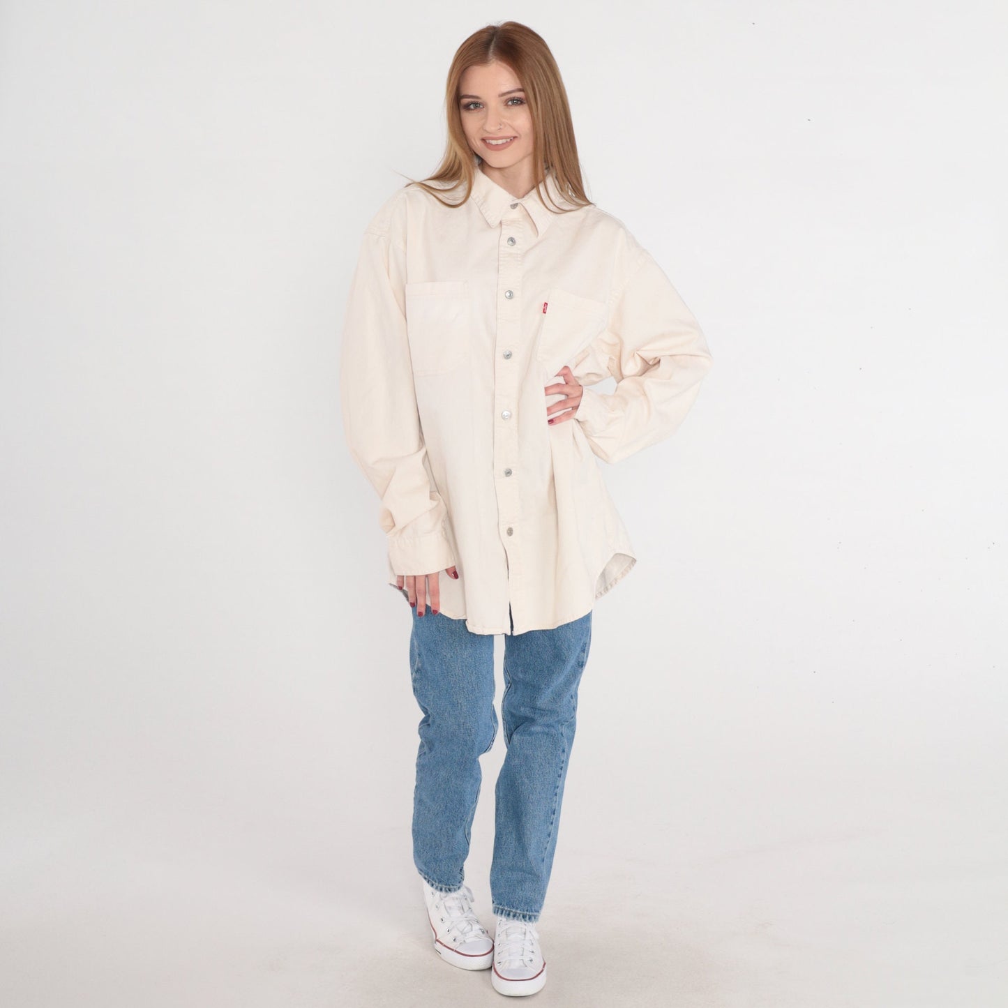 00s Levis Red Tag Denim Button Up Shirt Off-White Cotton Long Sleeve Large L