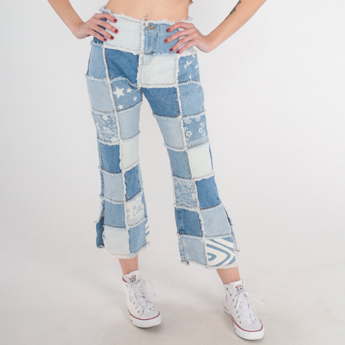 Y2K Patchwork Cropped Jeans Blue Floral Star Print Side Slits 2XS
