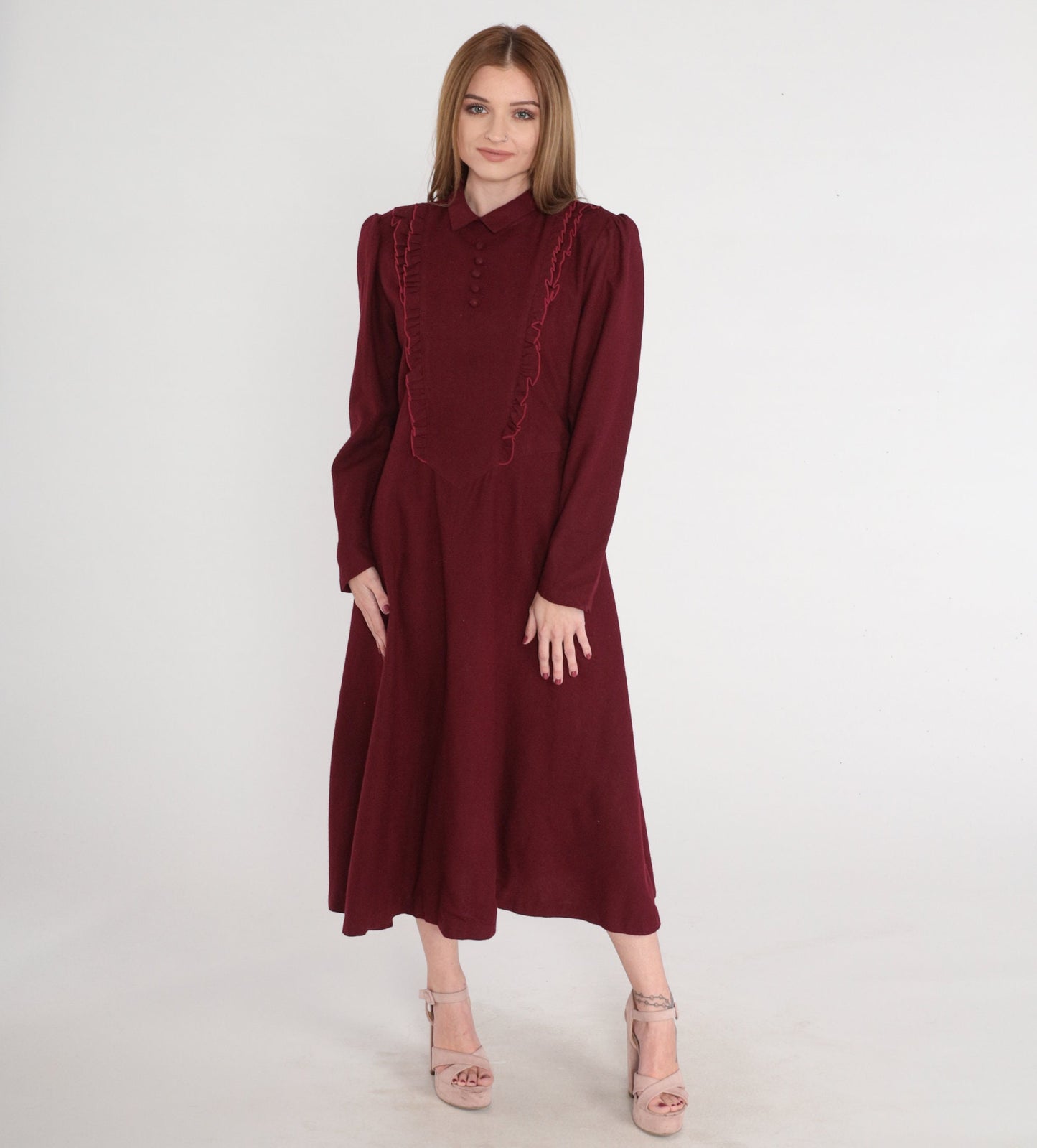 80s Dark Red Wool Midi Dress Puff Sleeve Basque Waist Collared Medium M