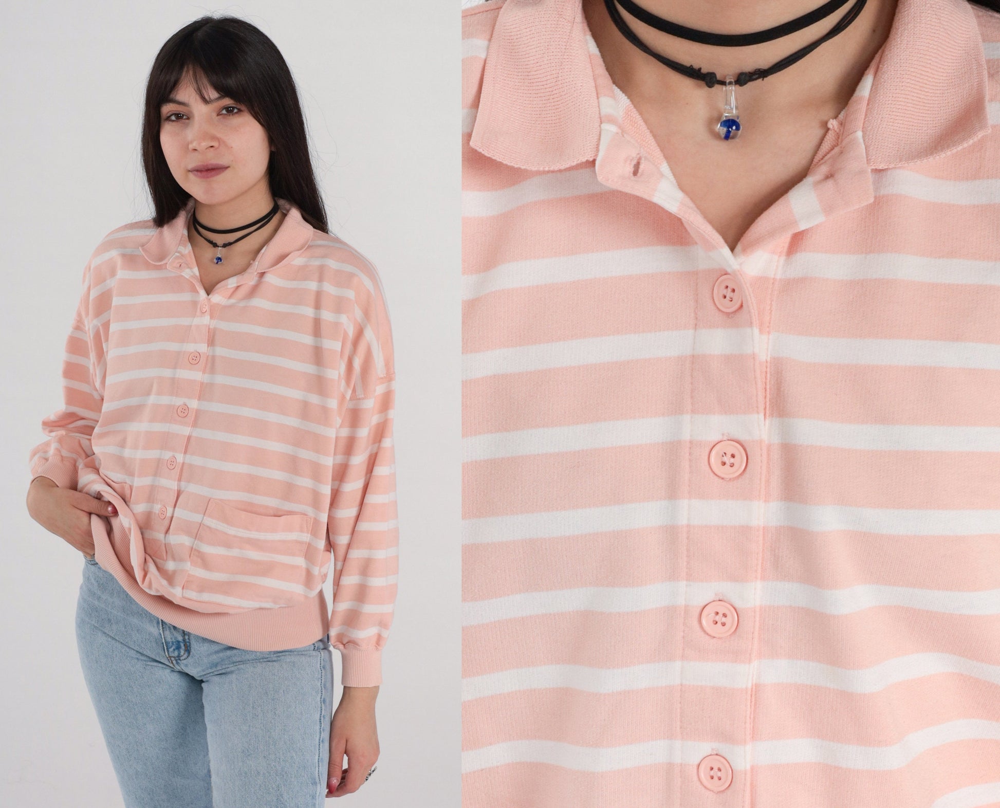 90s Peach Striped Polo Sweatshirt Collared Cotton Blend White Large