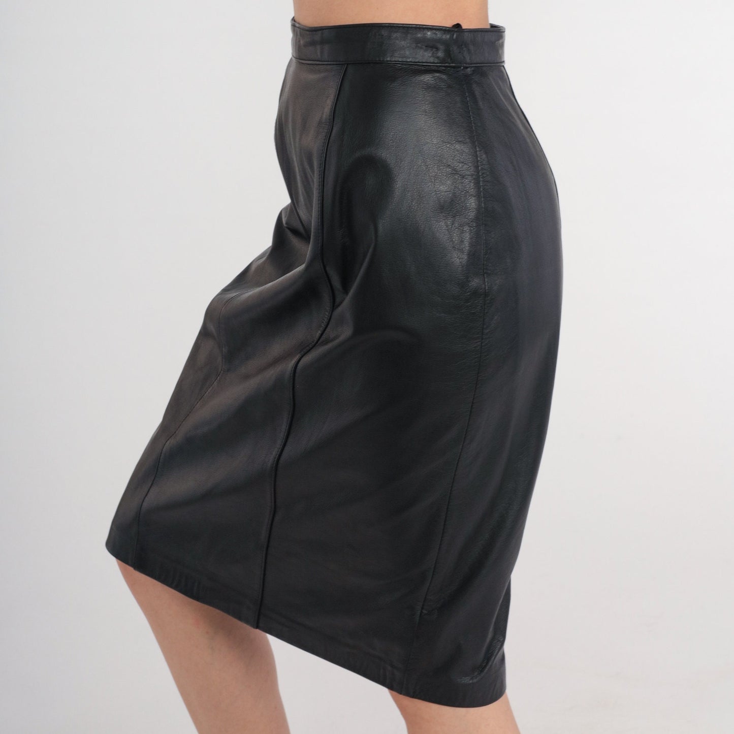 80s Black Leather Pencil Skirt High Waisted Knee Length Small