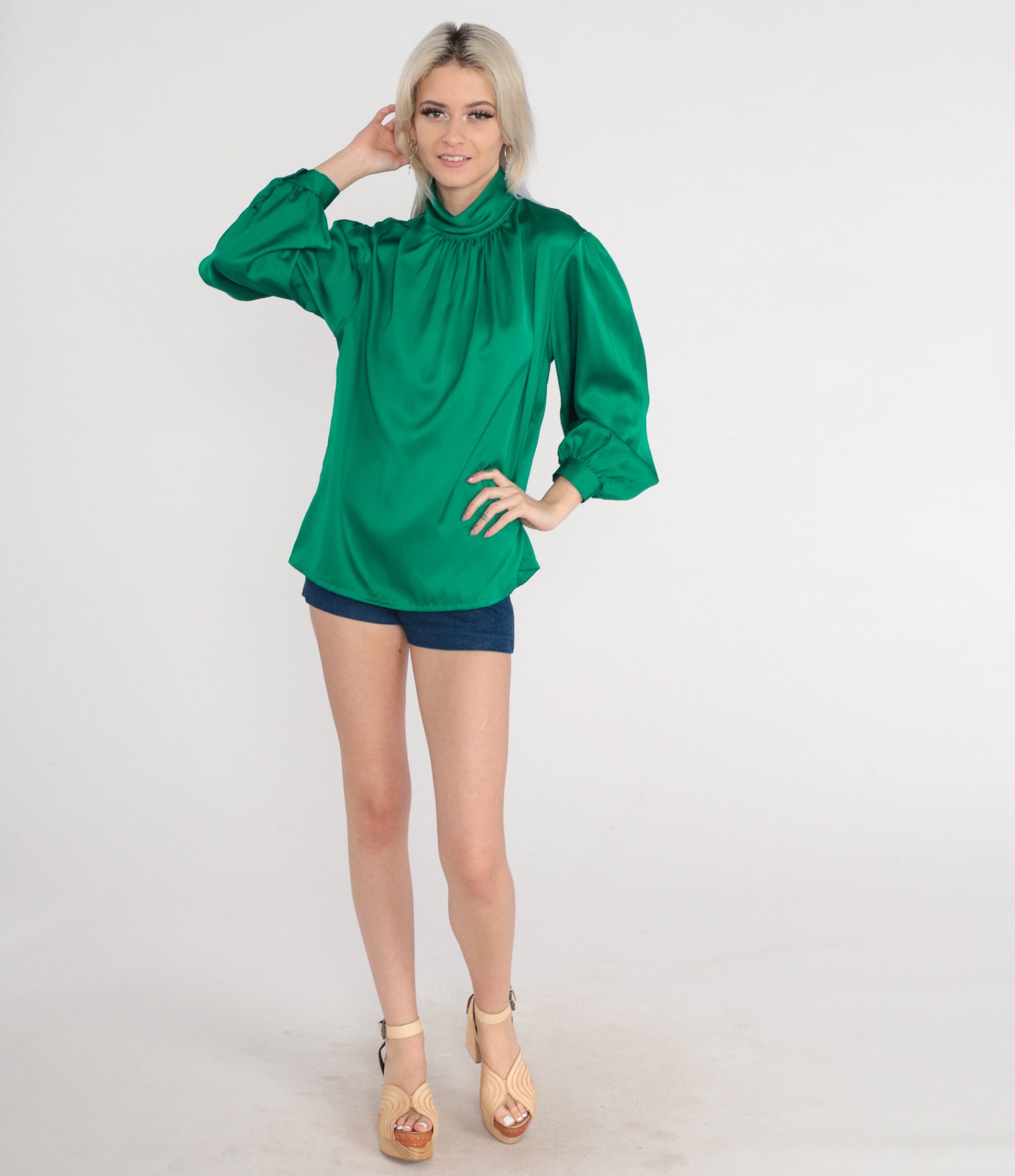 80s Green Satin Pleated Blouse Mock Neck Button Back Long Sleeve Medium