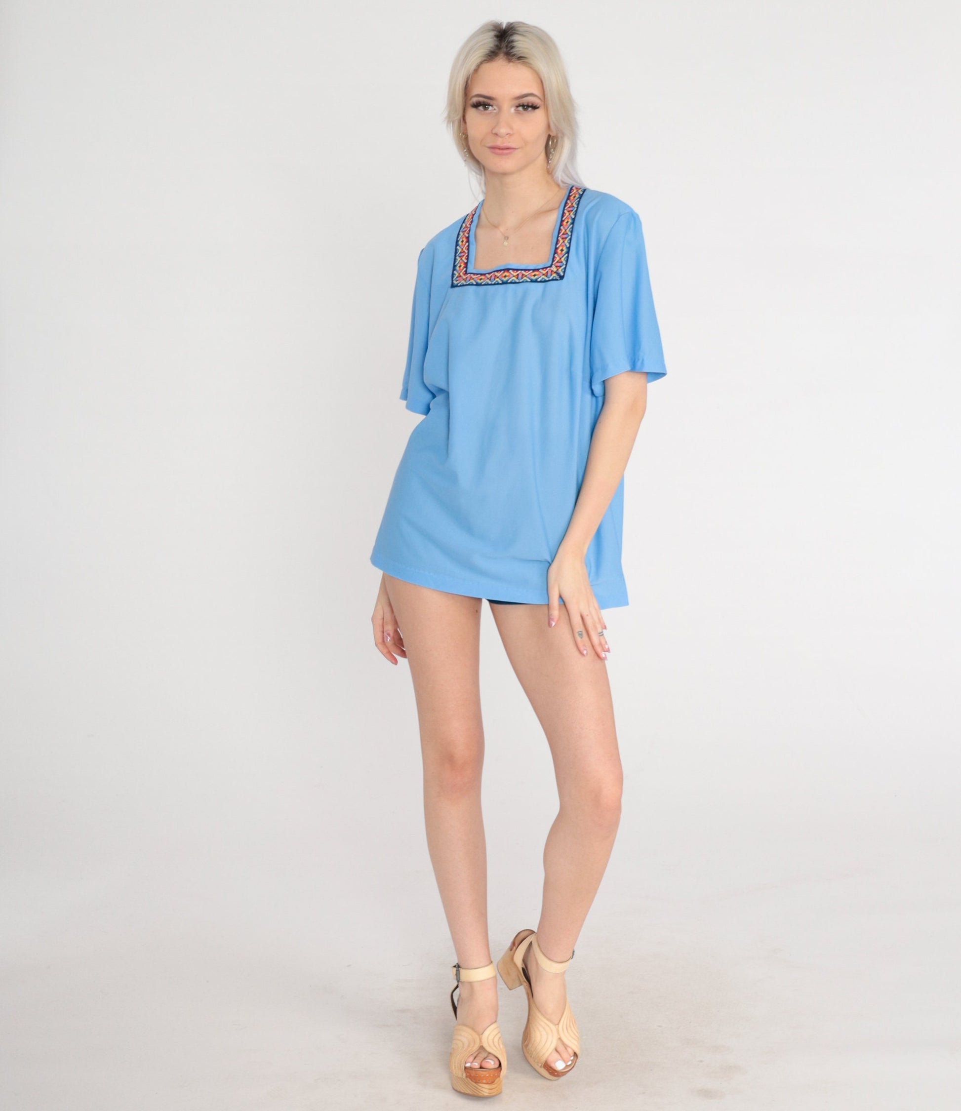 70s Blue Embroidered Blouse Square Neck Belted Short Sleeve Extra Large XL