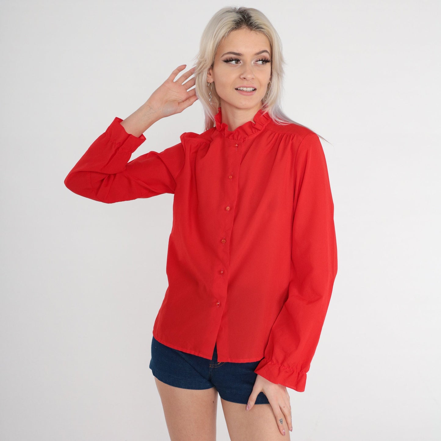 80s Red Ruffle Blouse High Neck Button-Up Sheer Long Sleeve Small