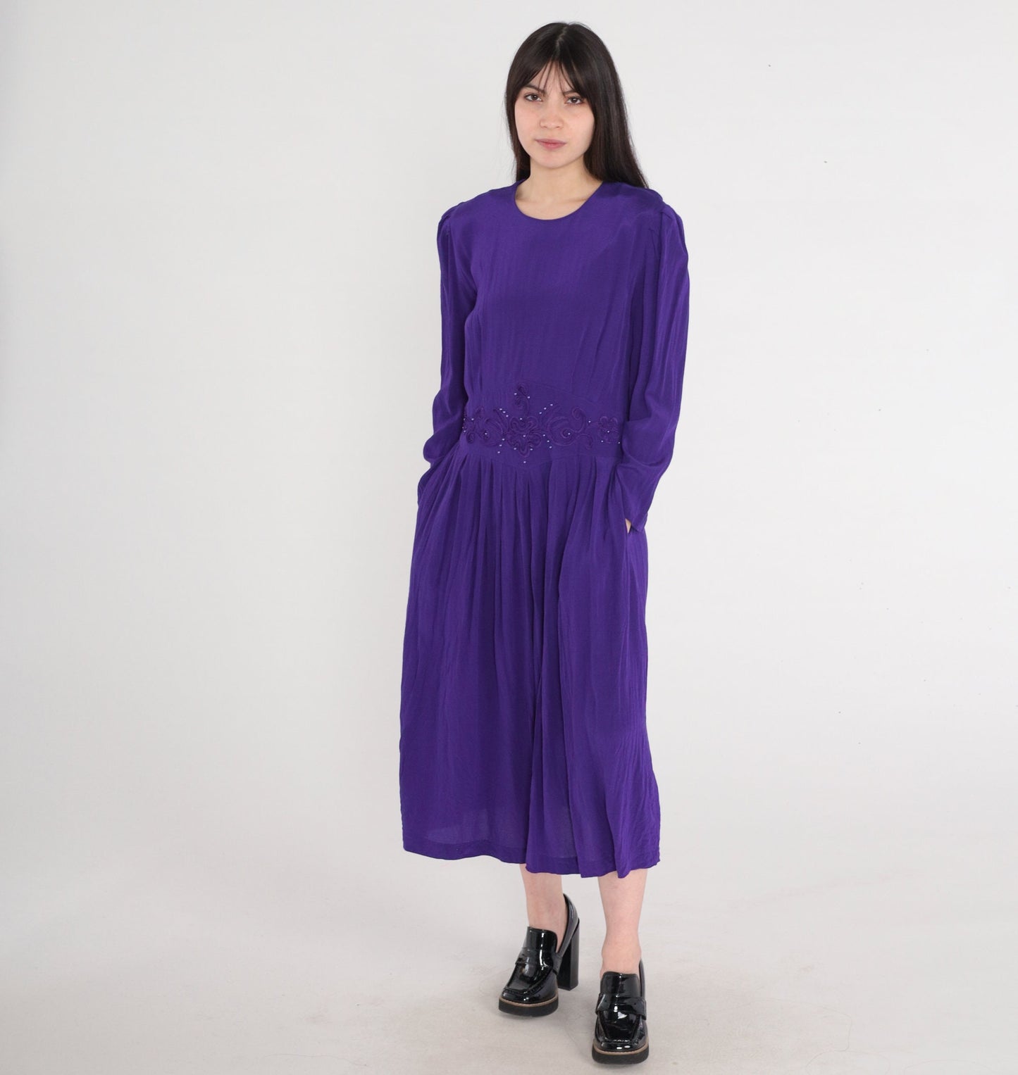 80s Karin Stevens Royal Purple Beaded Midi Dress Puff Sleeve Medium