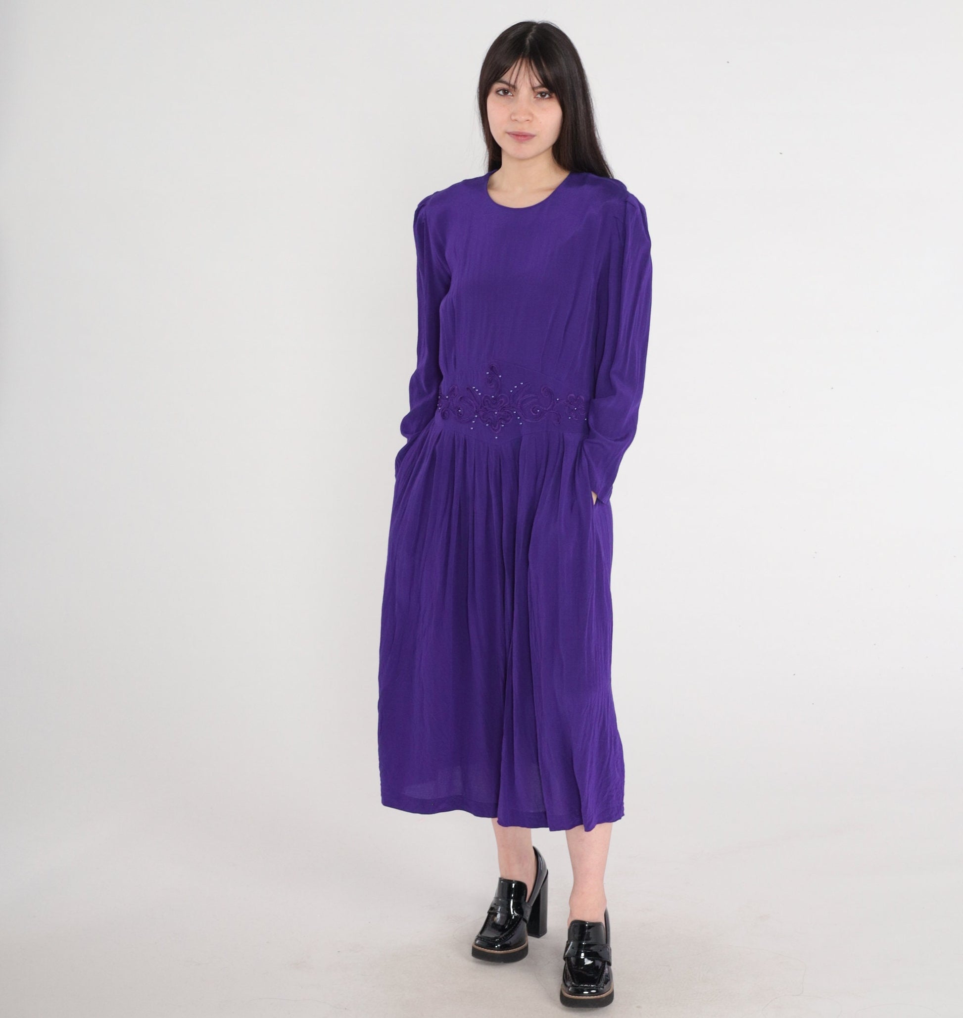 80s Karin Stevens Royal Purple Beaded Midi Dress Puff Sleeve Medium