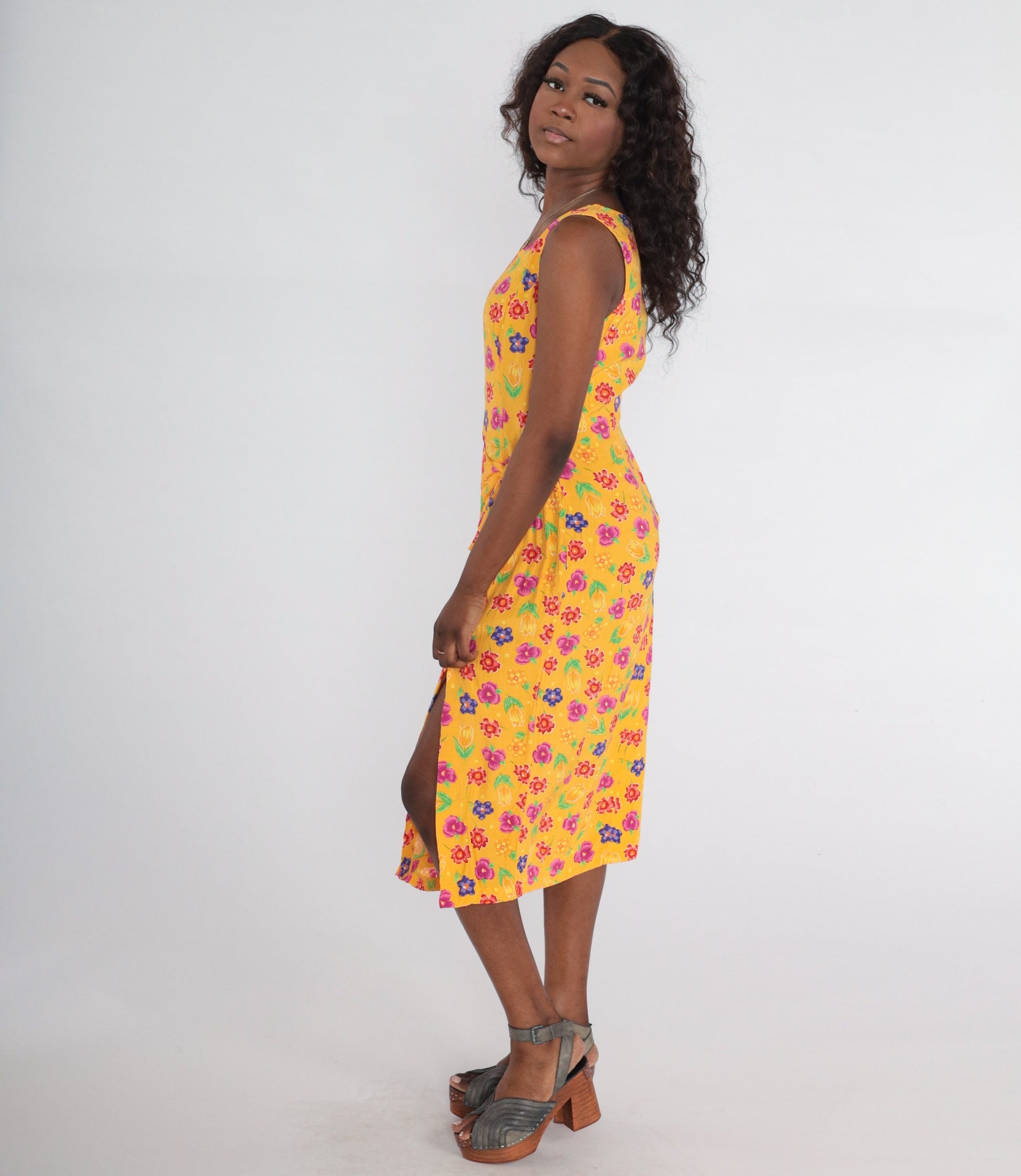 90s Molly Malloy Floral Midi Dress Yellow Print Sleeveless Wrap Slit Medium