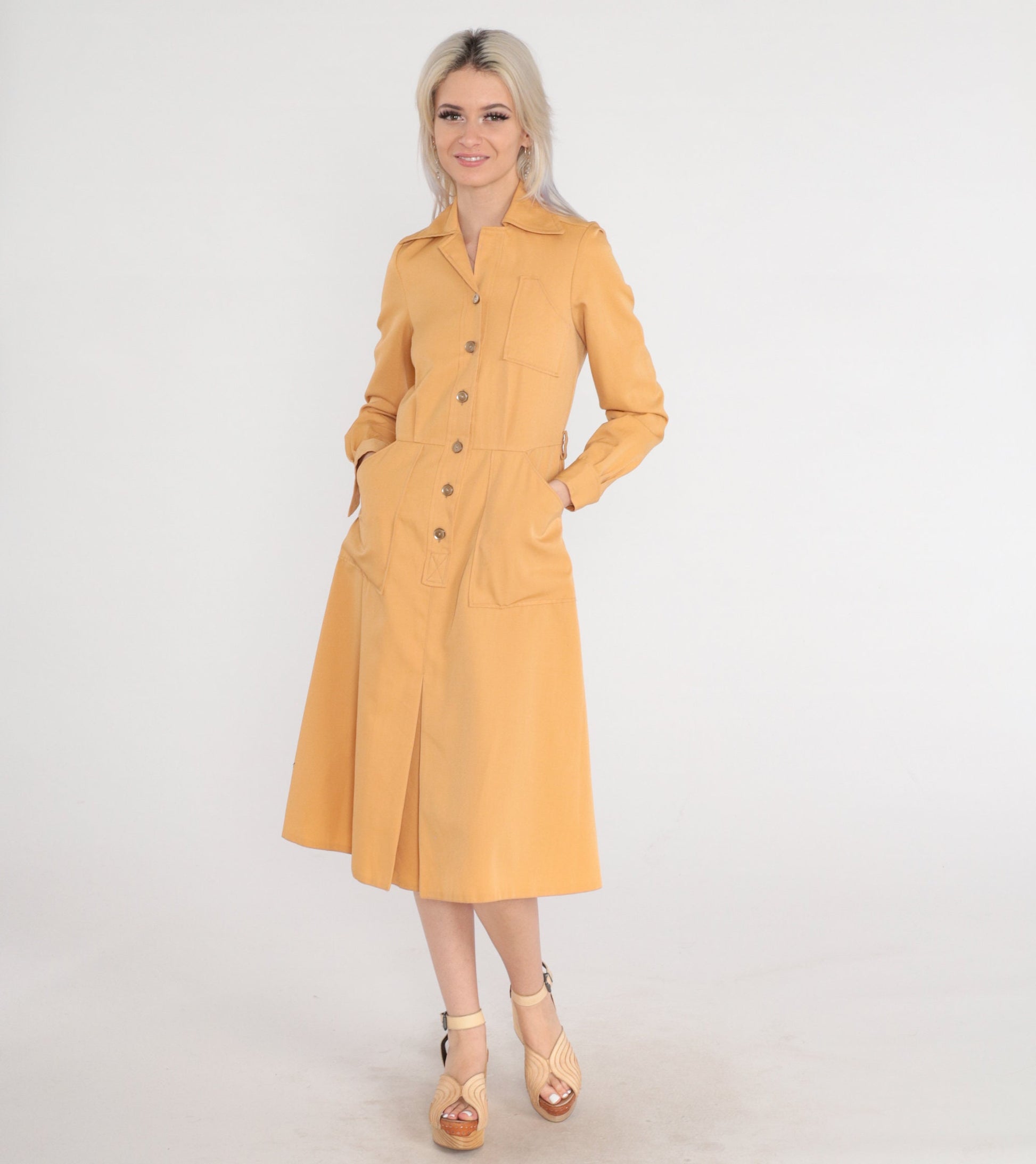 70s Camel Midi Shirtdress High Waisted Button Up Collared Long Sleeve Extra Small