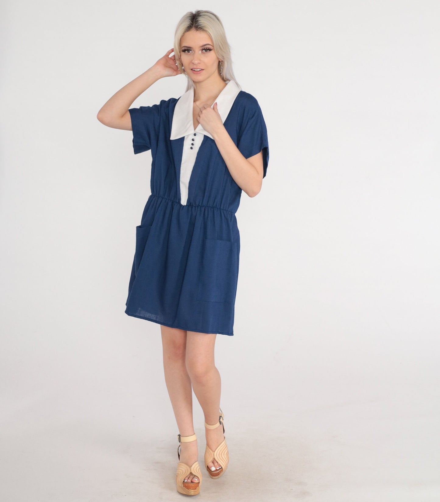 80s Blue Mini Dress White Chelsea Collar High Waisted Pockets Large L