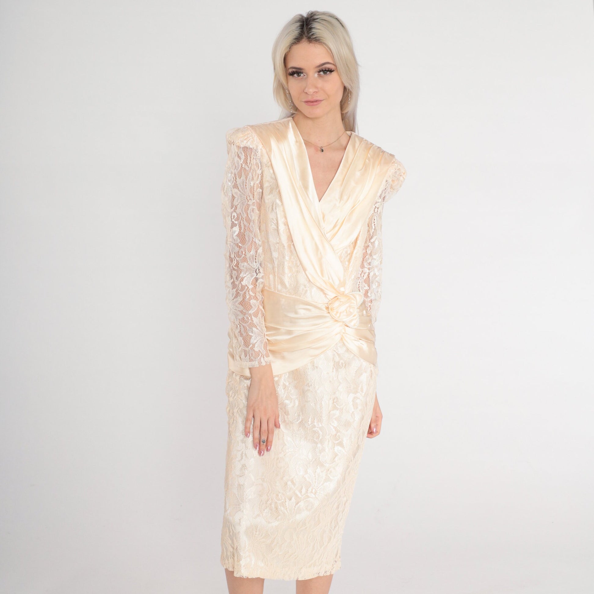 80s Peach Floral Lace Midi Dress Puff Sleeve Rosette Satin Drape Small