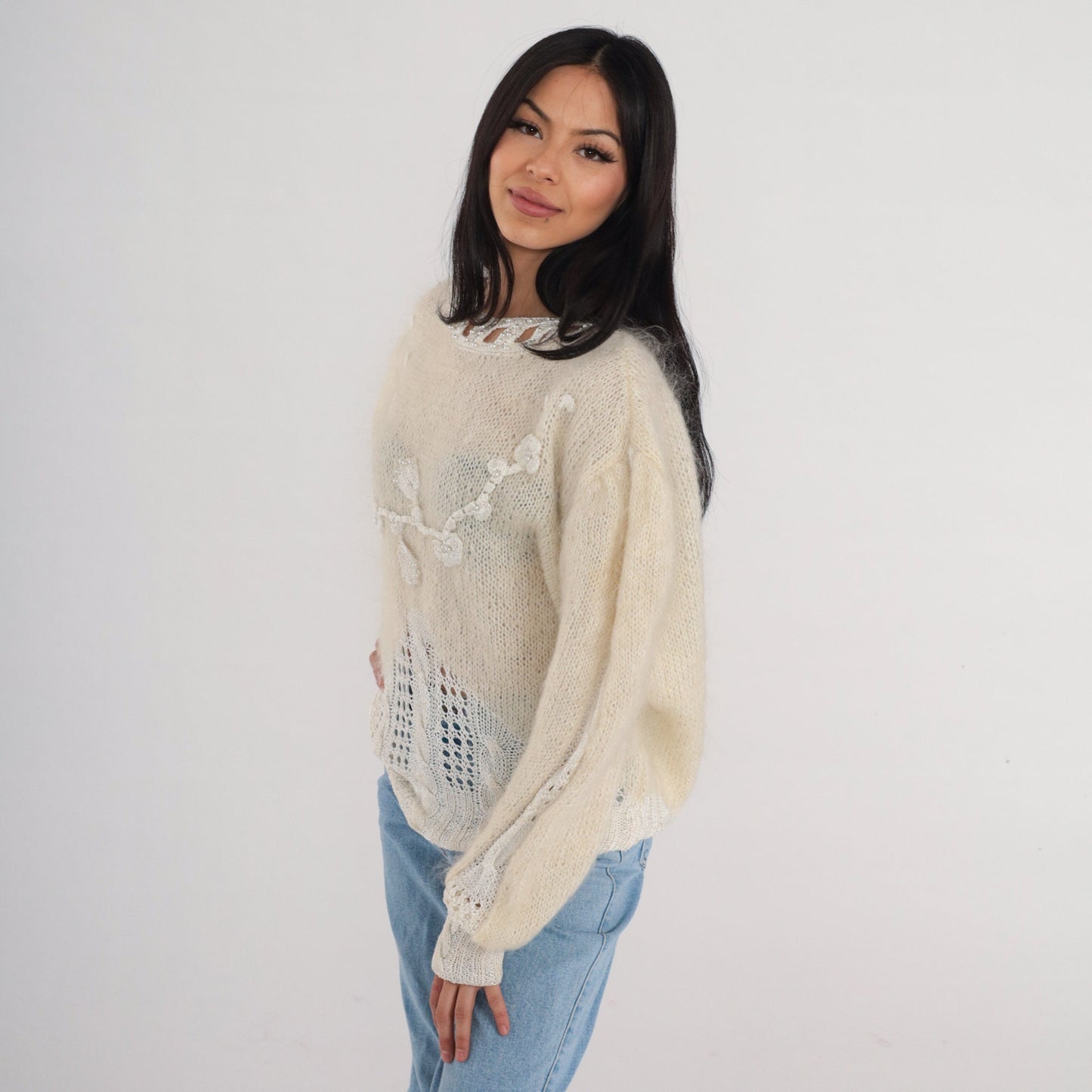 80s Cream Mohair Floral Sweater Pearl Beaded Cable Knit Cutout Pullover Large L