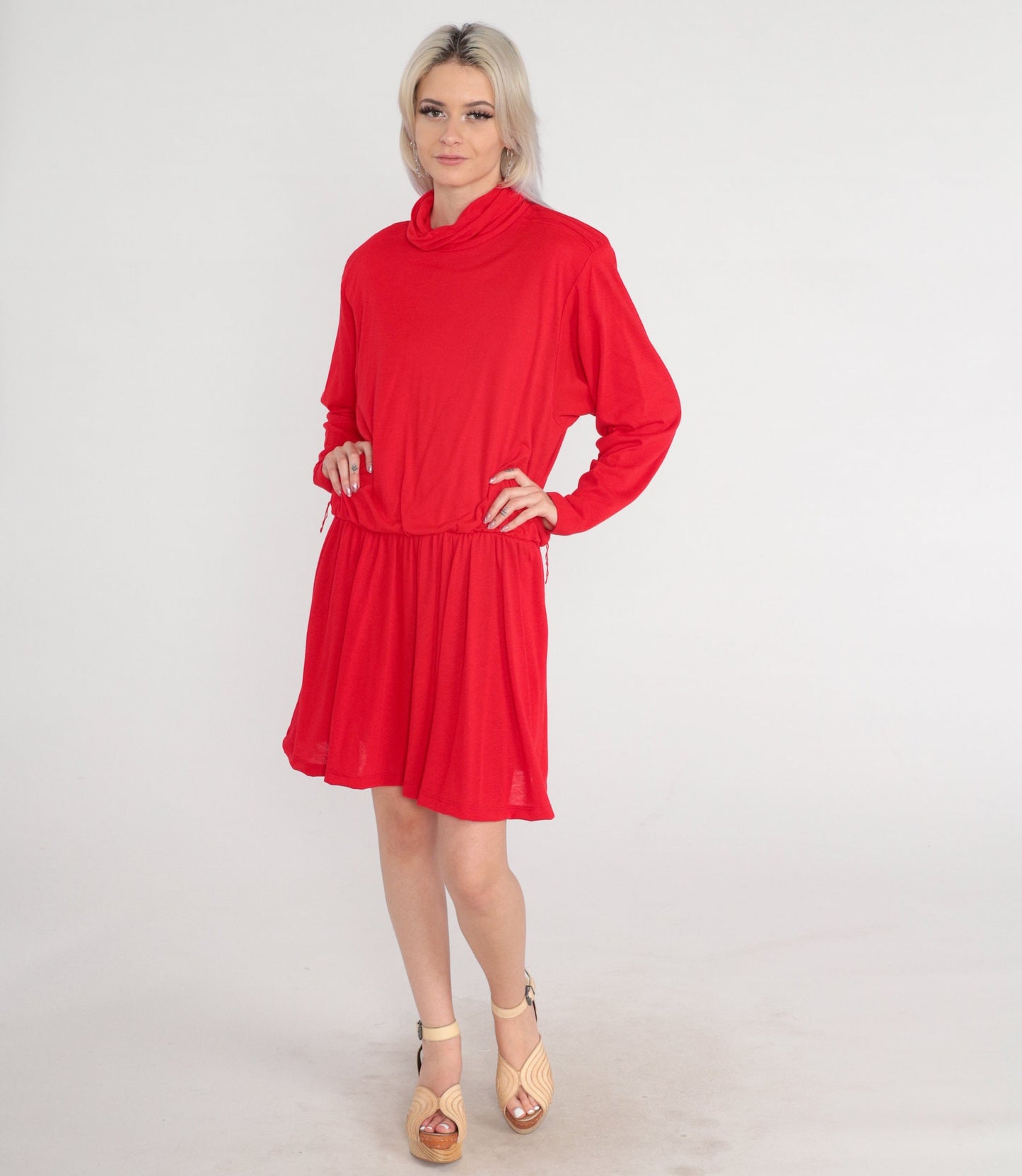 80s Red Mini Dress Turtleneck Blouson Pleated High Waist Long Sleeve Large