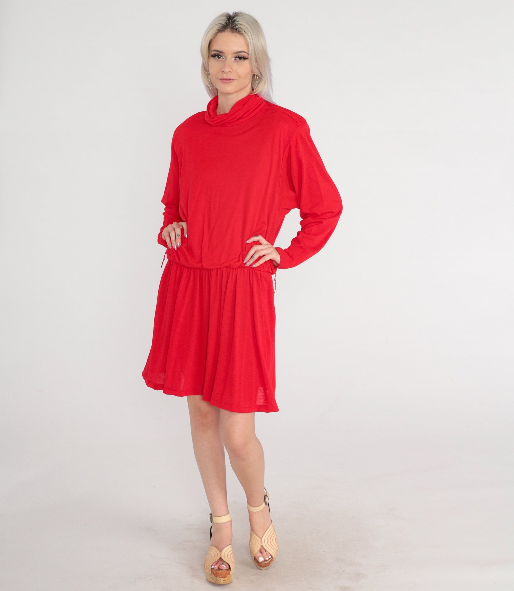 80s Red Mini Dress Turtleneck Blouson Pleated High Waist Long Sleeve Large